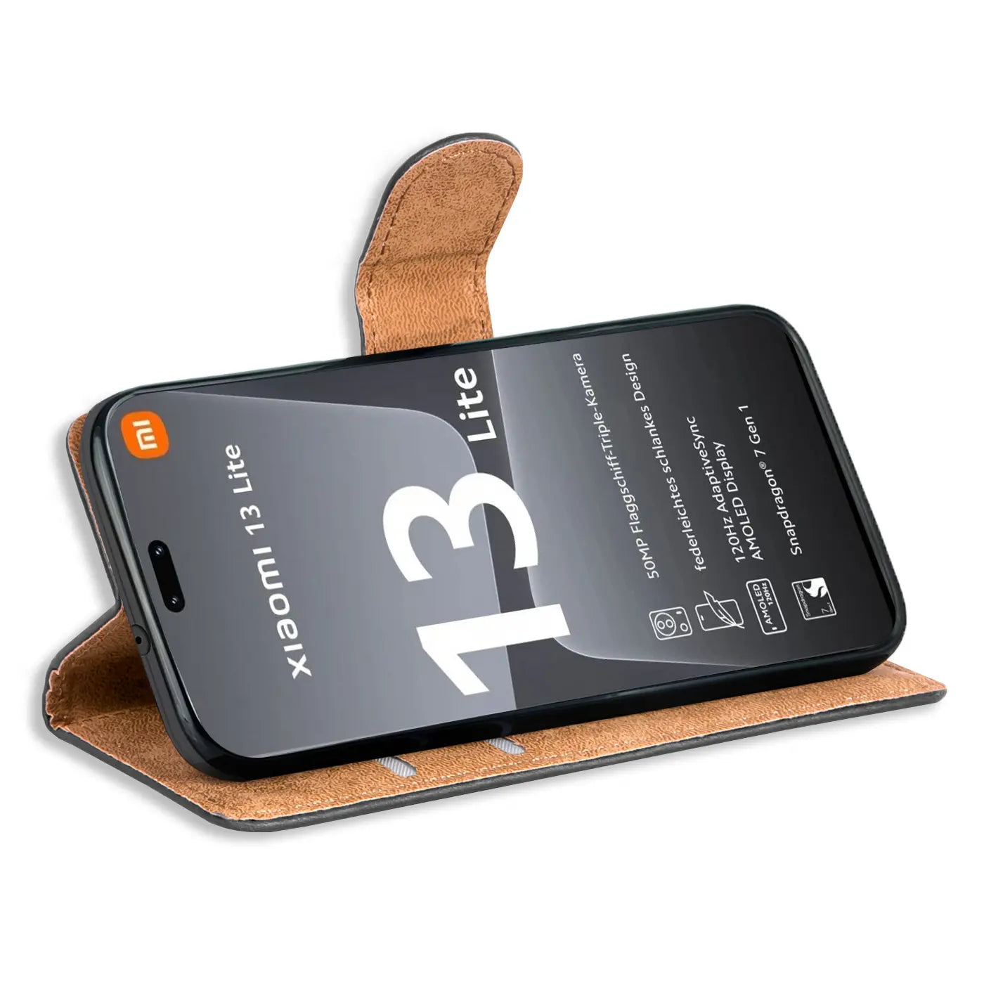 Braune Kunstleder-Klapphülle mit Kartenfächern, zeigt Xiaomi 13 Lite, von vorne schräg