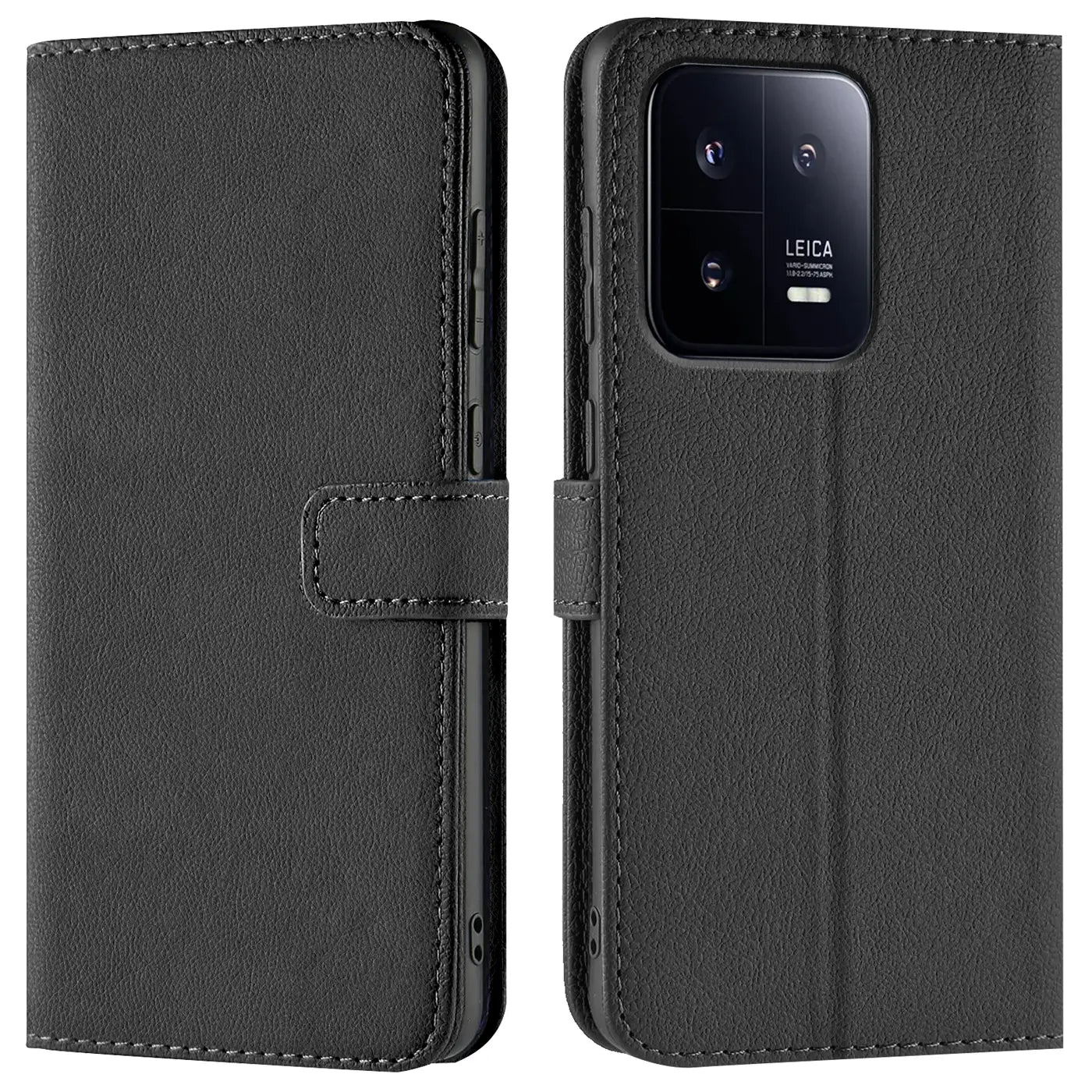 Schwarze Leder-Klapphülle mit Kartenfächern, Vorder- und Rückansicht, zeigt Xiaomi 13 Pro.