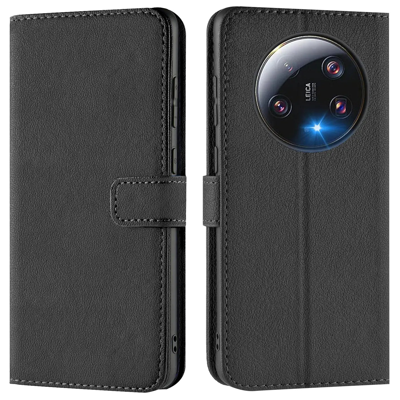 Schwarze Leder-Klapphülle mit Kartenfächern, Vorder- und Rückansicht, zeigt Xiaomi 13 Ultra.