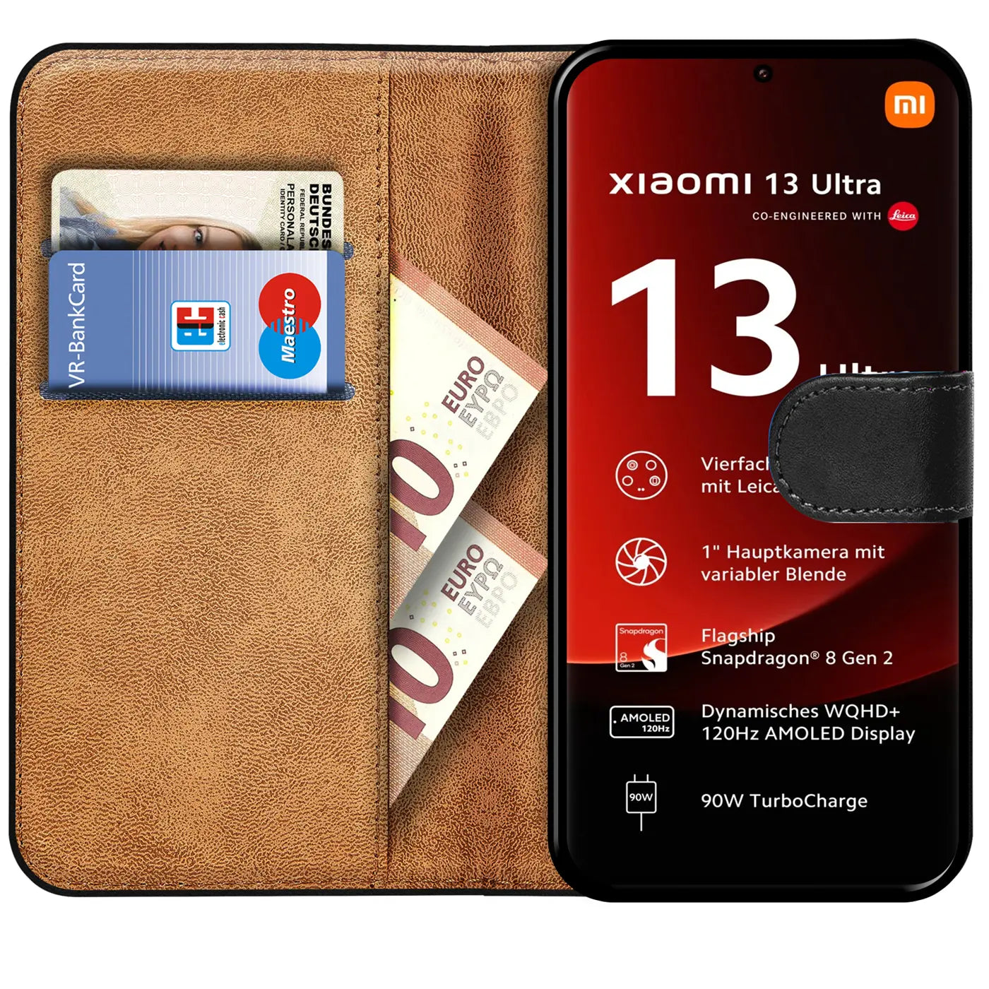 Braune Kunstleder-Klapphülle mit Kartenfächern und Xiaomi 13 Ultra.