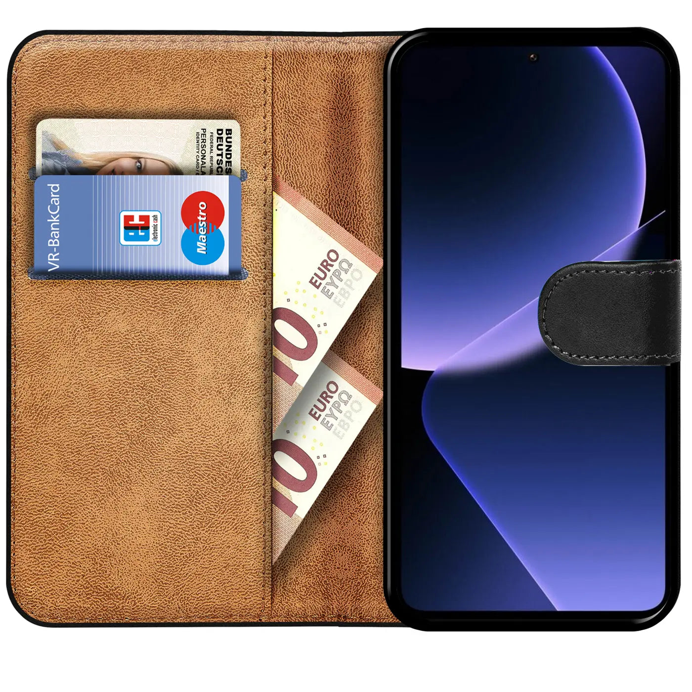 Braune Kunstleder-Klapphülle mit Kartenfächern und 10€-Scheinen, zeigt Xiaomi 13T Pro.