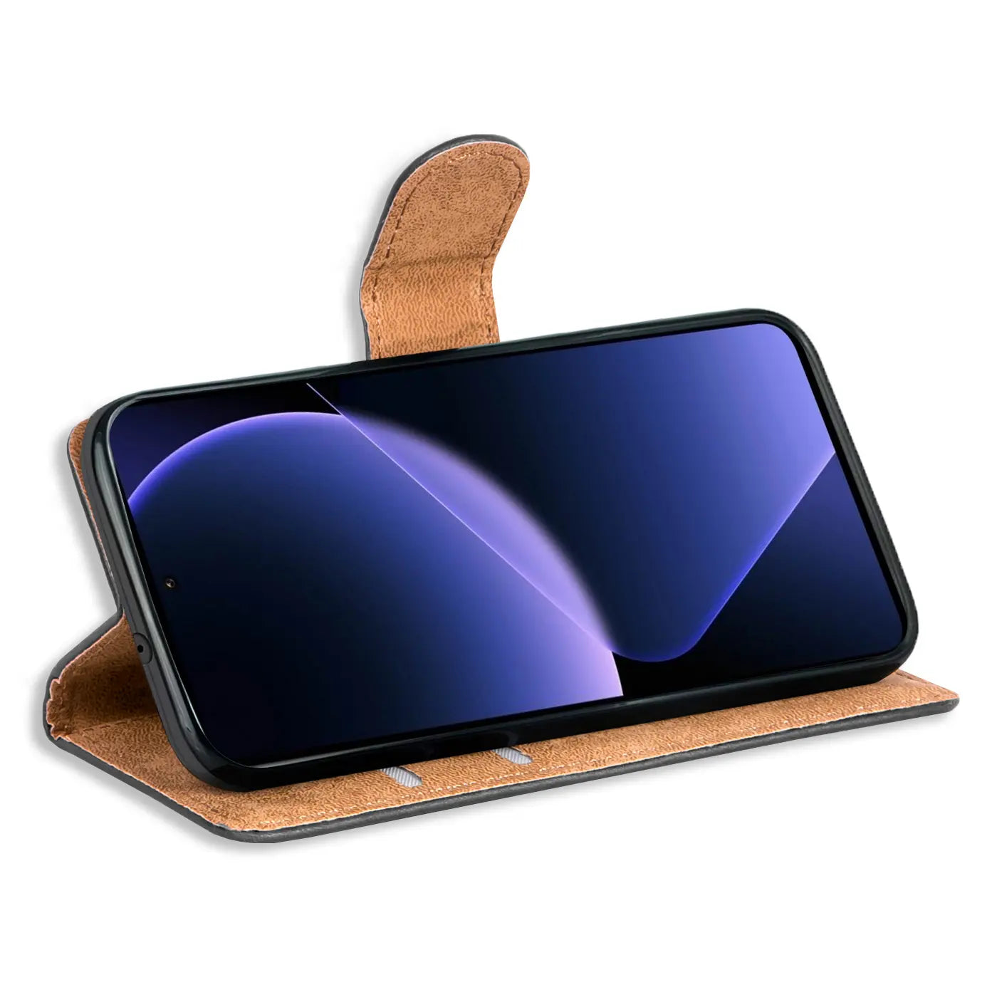 Braune Klapphülle aus Kunstleder mit Kartenfächern, zeigt ein Xiaomi 13T/13T Pro.