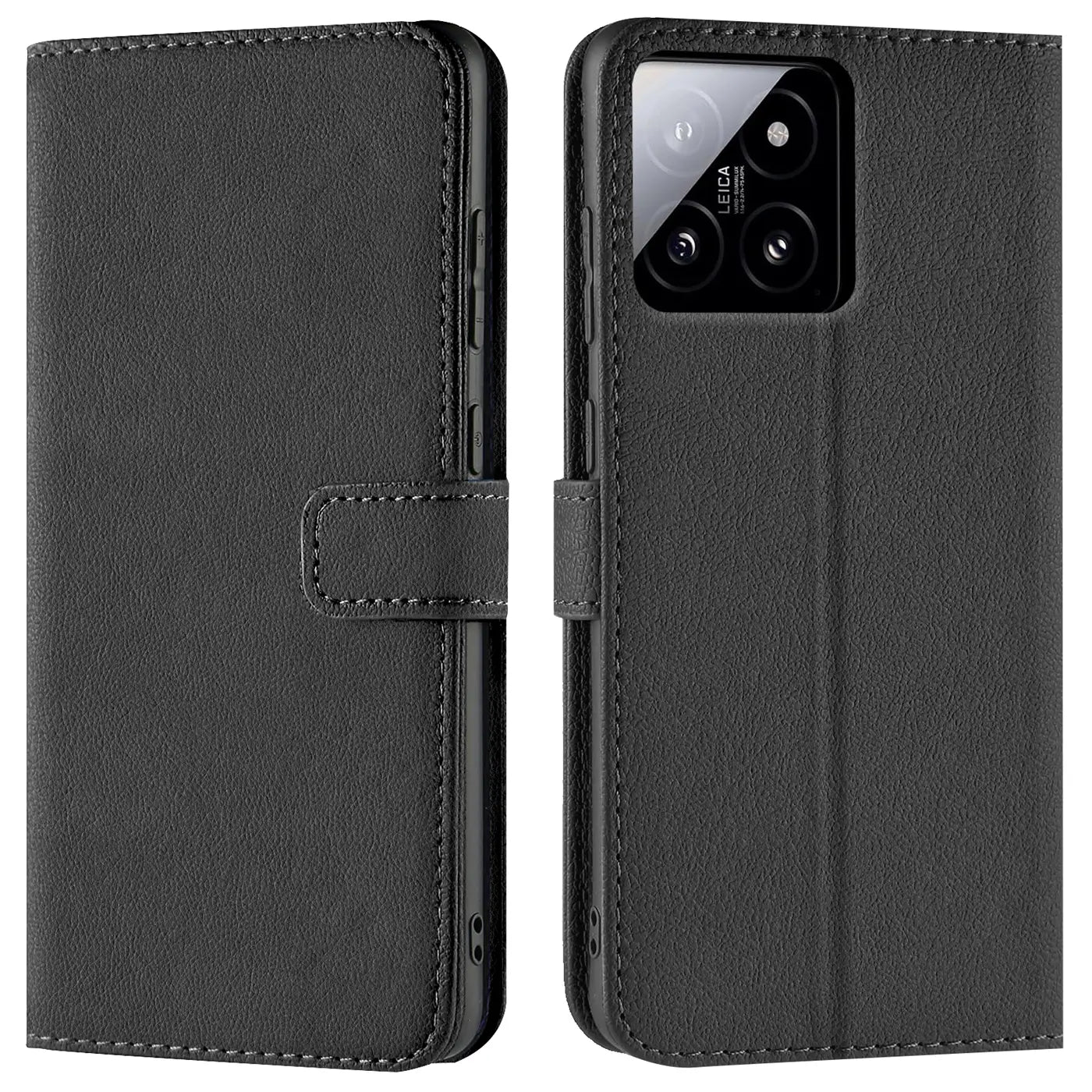 Schwarze Leder-Klapphülle mit Kartenfach, Vorder- und Rückansicht, Xiaomi 14 Pro.