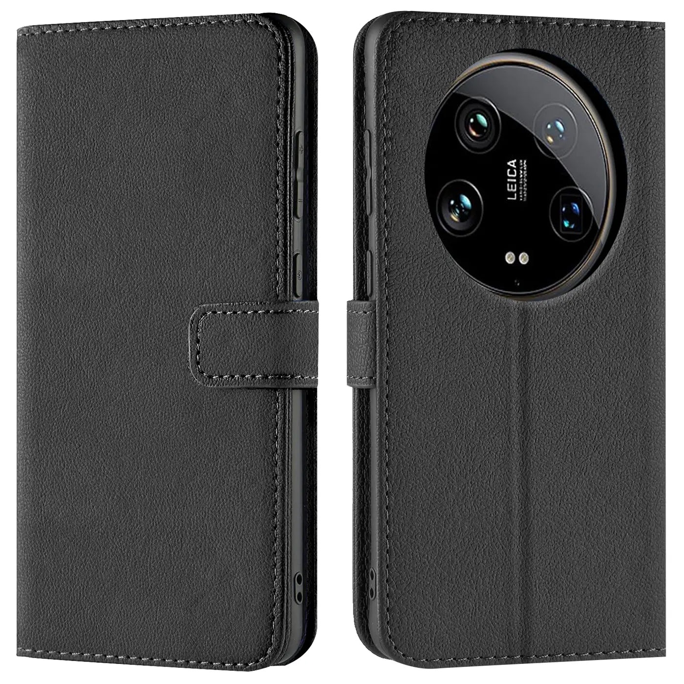 Schwarze Leder-Klapphülle mit Kartenfächern, Vorder- und Rückansicht, Xiaomi 14 Ultra.