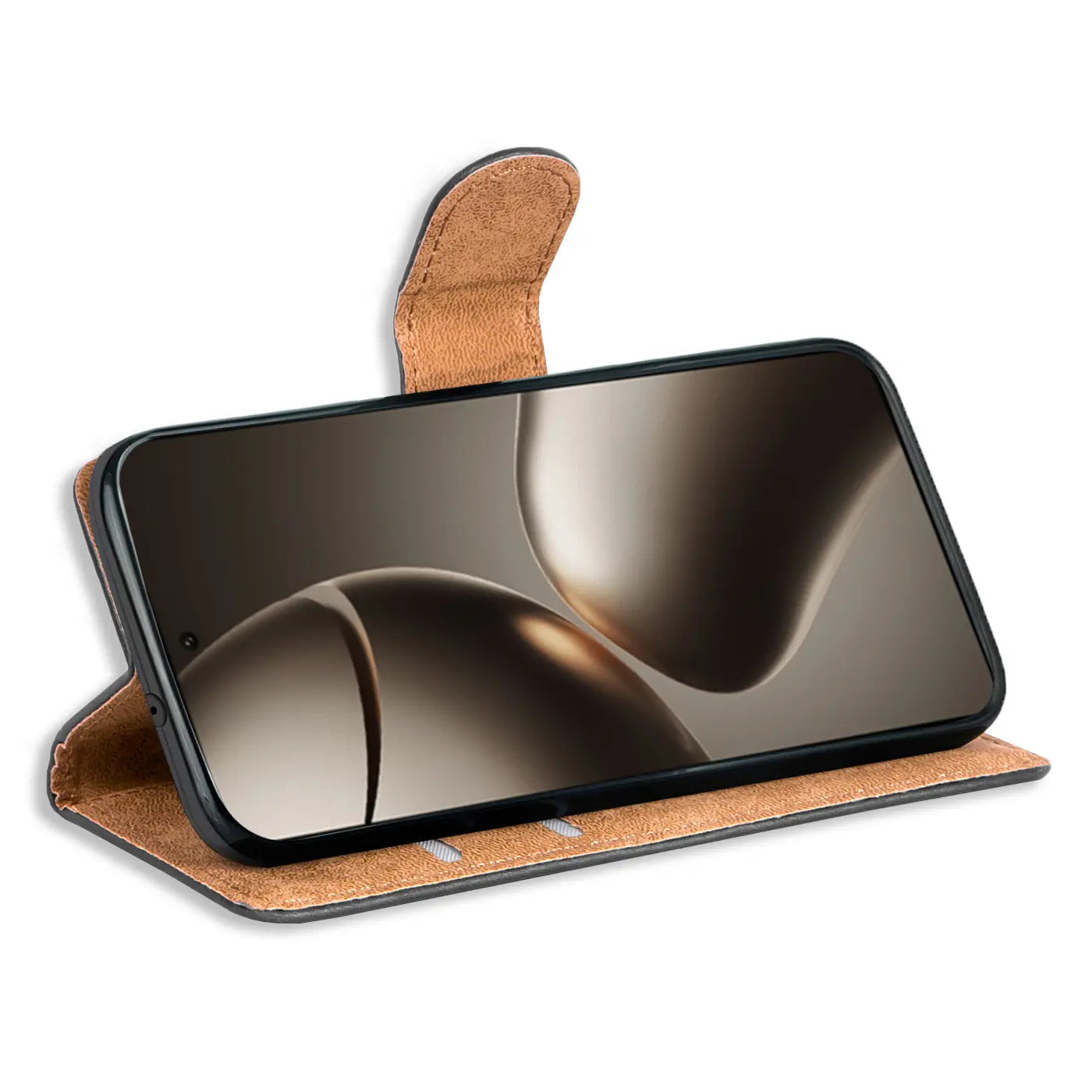 Braune Kunstleder-Klapphülle mit Kartenfächern, zeigt ein Xiaomi 14T Pro von vorne.