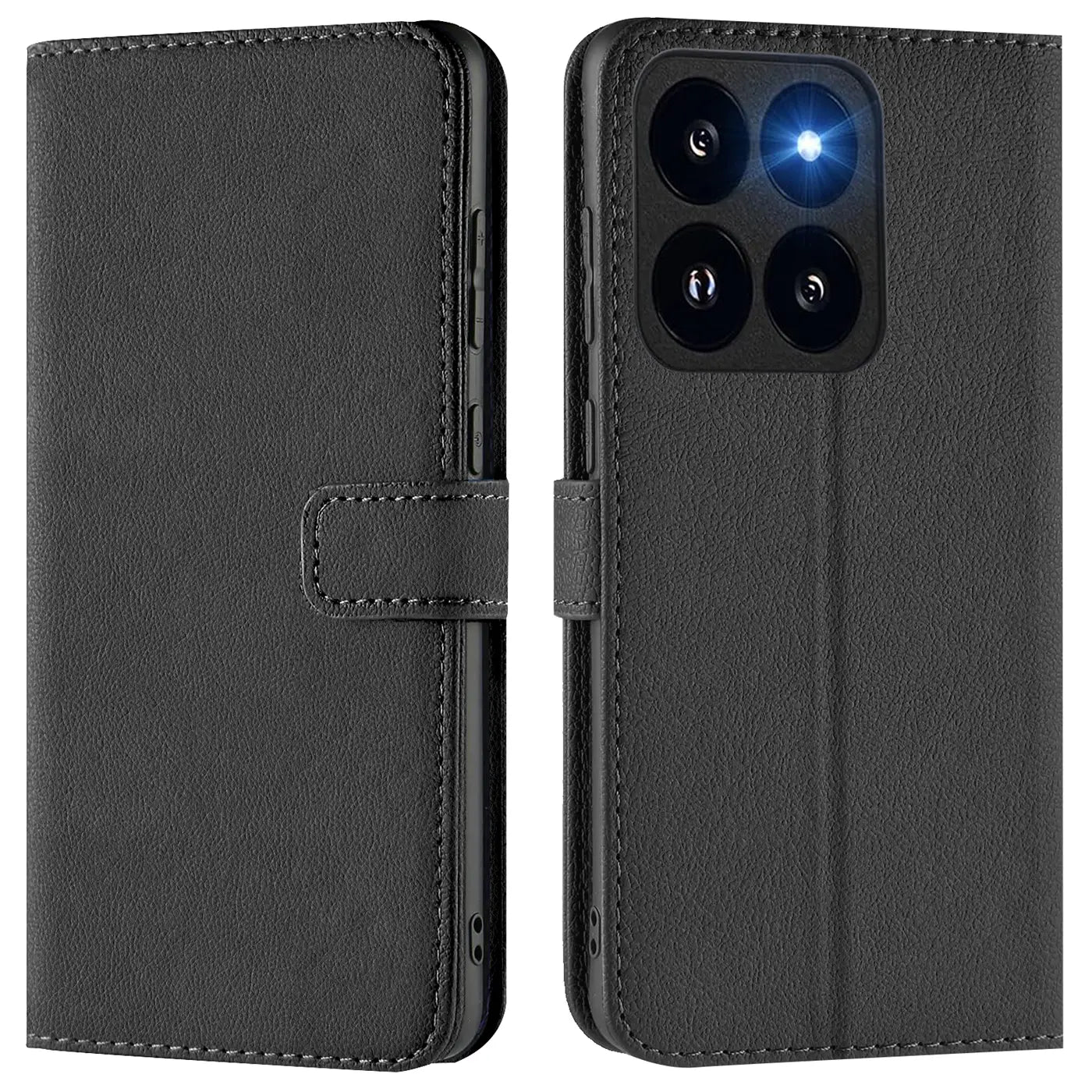 Schwarze Leder-Klapphülle mit Kartenfächern für Xiaomi 14T, Vorder- und Rückansicht.