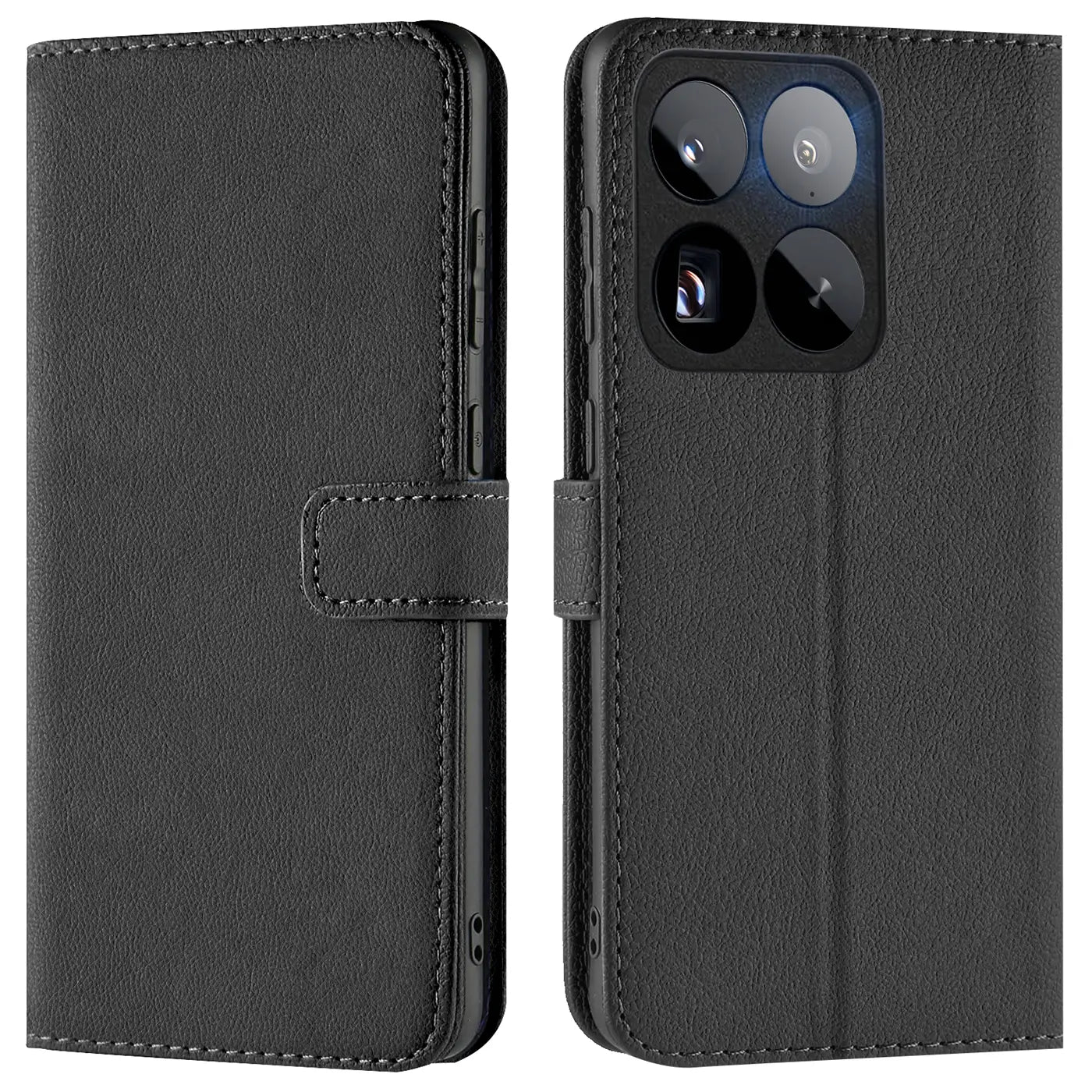 Schwarze Leder-Klapphülle mit Kartenfächern, Vorder- und Rückansicht, für Xiaomi 15.