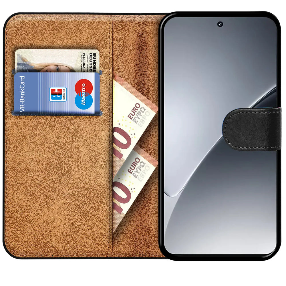 Braune Leder-Klapphülle mit Kartenfächern und Geldscheinen, zeigt ein Smartphone.