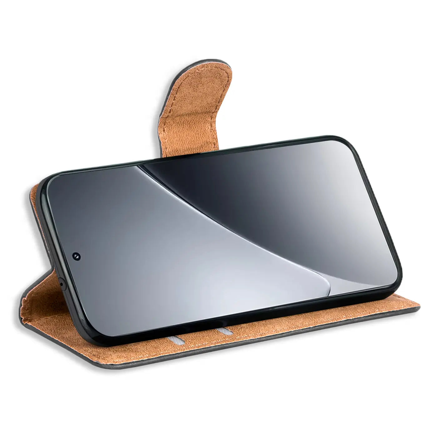 Braune Leder-Klapphülle mit Kartenfächern, seitliche Ansicht, mit Xiaomi 15.