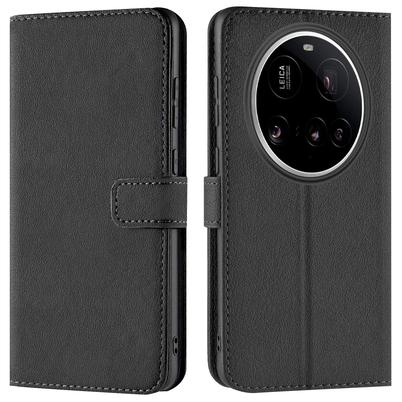 Schwarze Leder-Klapphülle mit Kartenfächern, Vorder- und Rückansicht, Xiaomi 15 Ultra.
