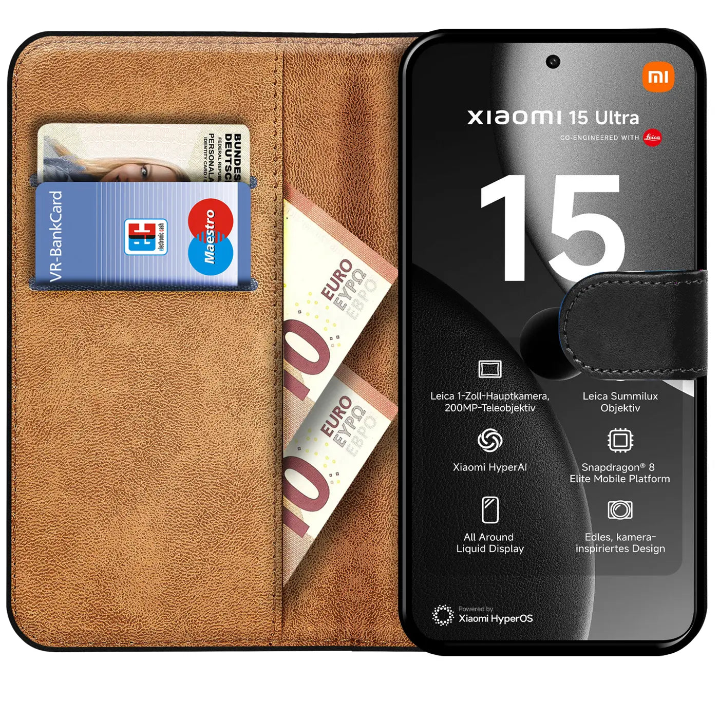 Braune Leder-Klapphülle mit Kartenfächern und Geldscheinfach, zeigt Xiaomi 15 Ultra.