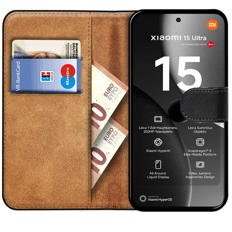 Xiaomi 15 Ultra Klapphülle in Schwarz mit Kartenfächern und Schutz