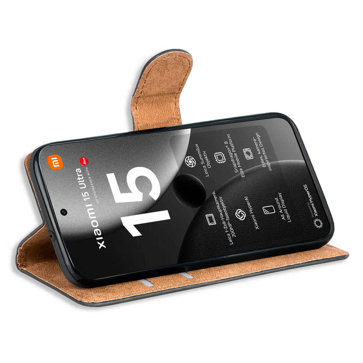 Xiaomi 15 Ultra Klapphülle in Schwarz mit Kartenfächern und Schutz