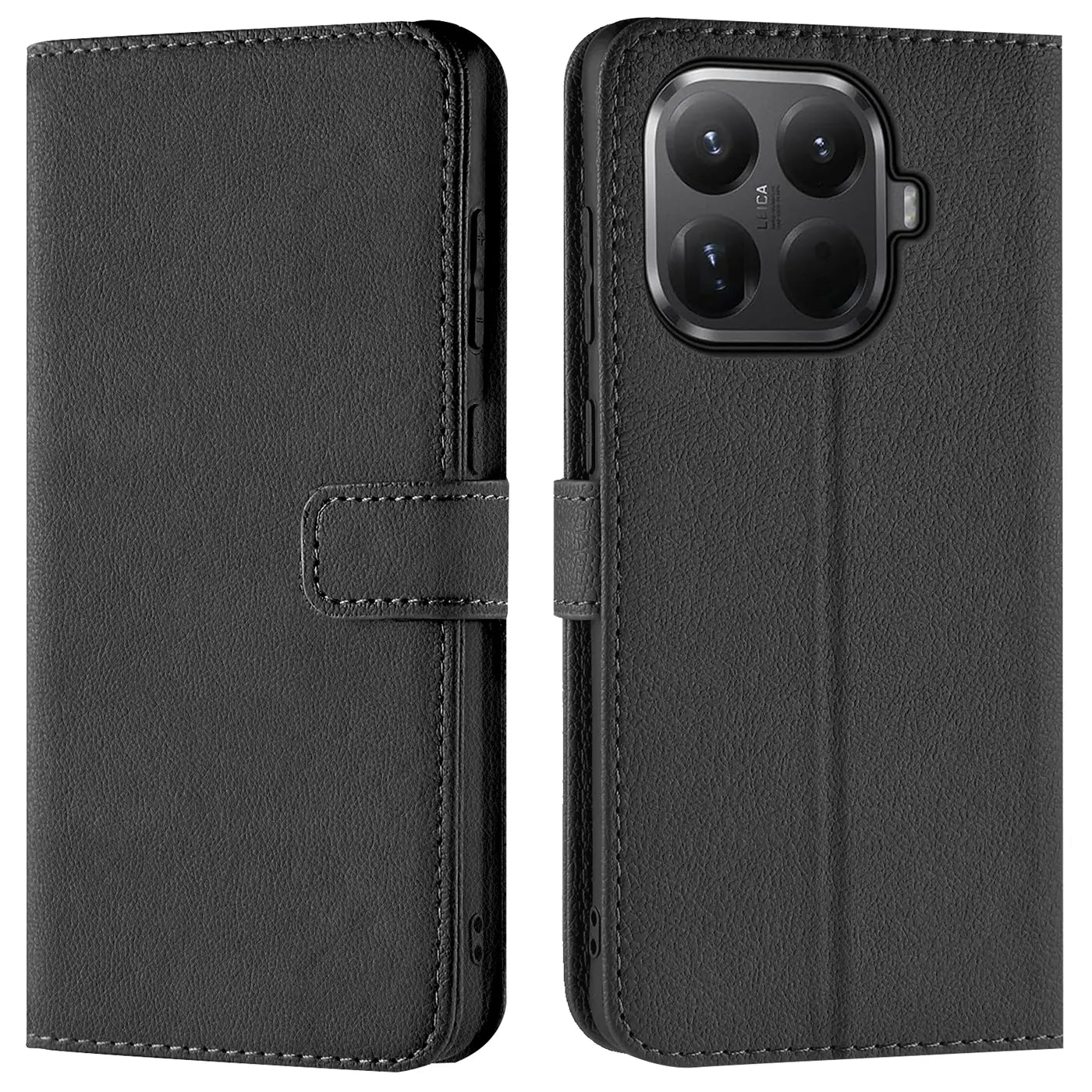Schwarze Leder-Klapphülle mit Kartenfächern, Vorder- und Rückansicht, zeigt Kamera des Xiaomi 15T Pro.