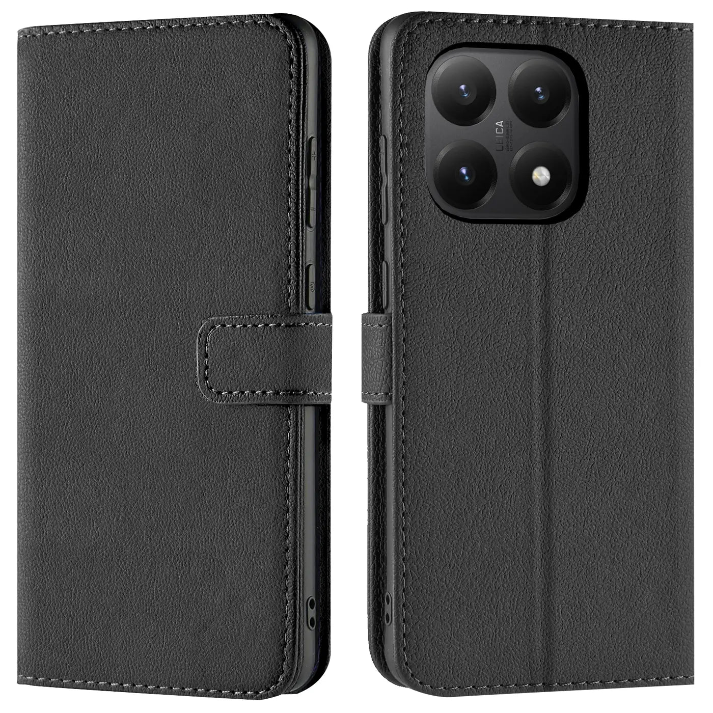Schwarze Leder-Klapphülle mit Kartenfächern, Vorder- und Rückansicht, für Xiaomi 15T.