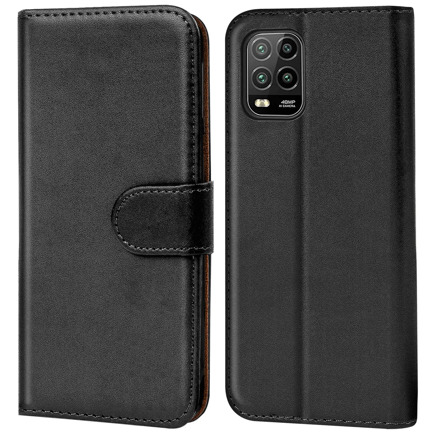 Schwarze Leder-Klapphülle mit Kartenfächern, Vorder- und Rückseite, für Xiaomi Mi 10 Lite.