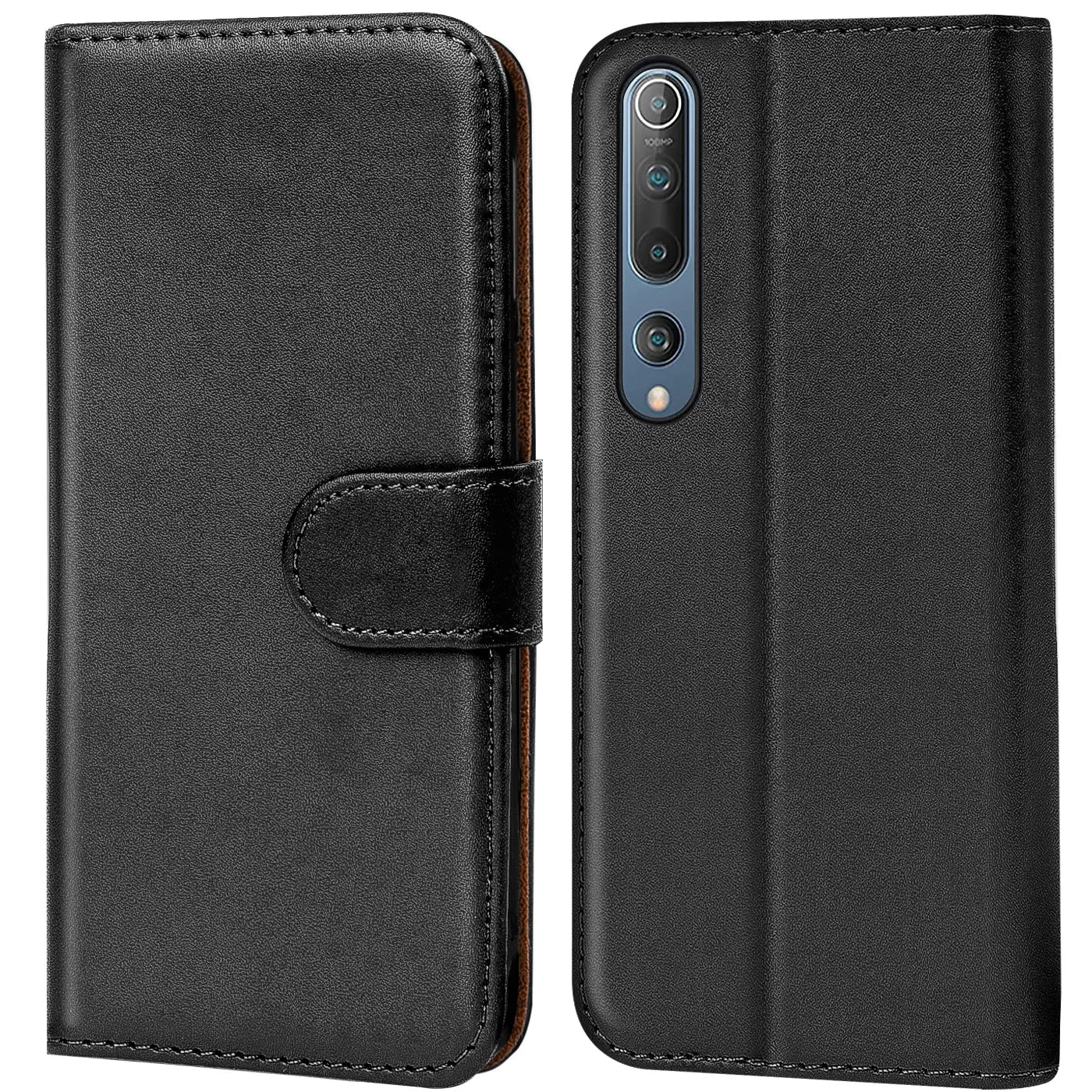 Schwarze Leder-Klapphülle mit Kartenfächern, Vorder- und Rückansicht, zeigt Xiaomi Mi 10 / Mi 10 Pro