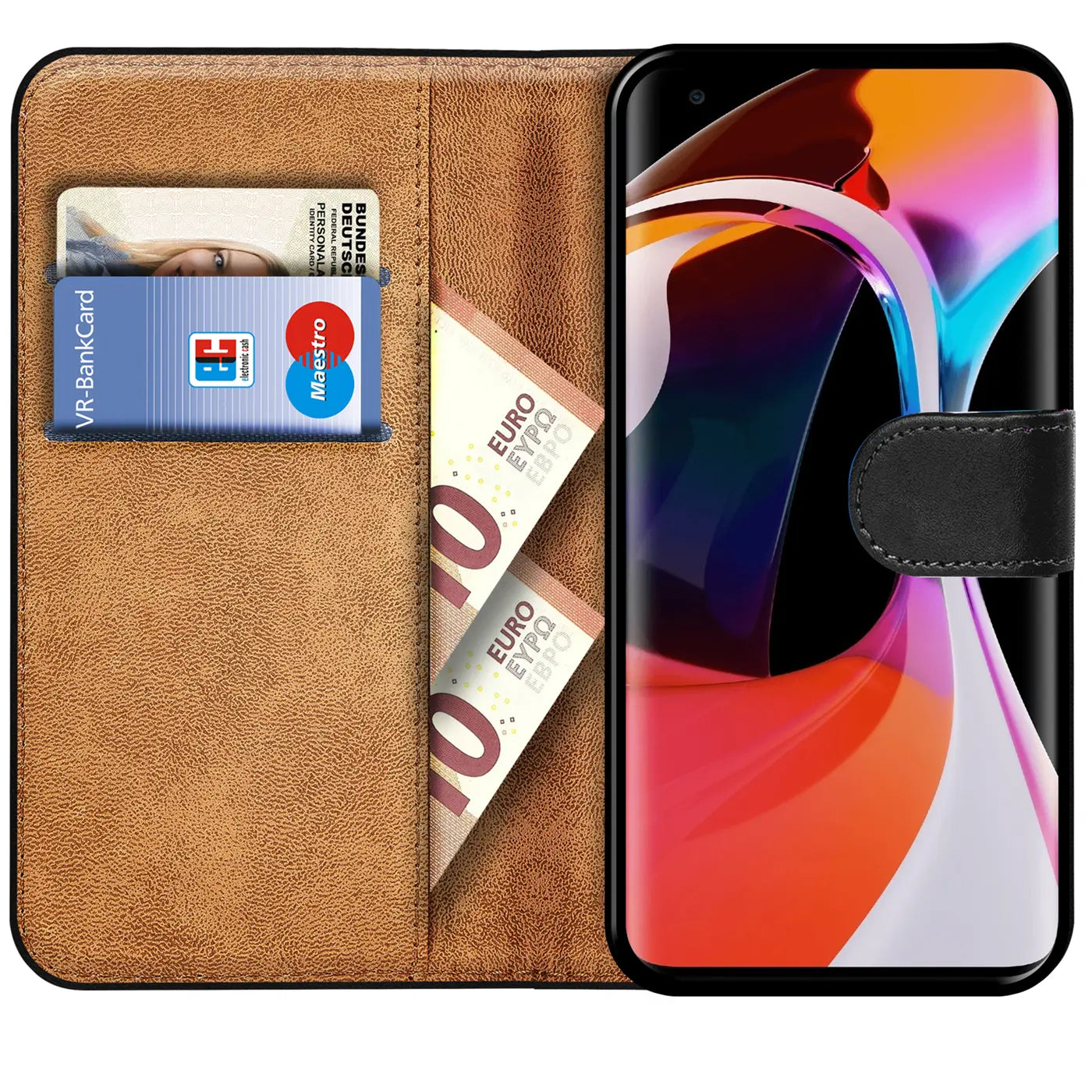 Braune Kunstleder-Klapphülle mit Kartenfächern und Xiaomi Mi 10 Pro.