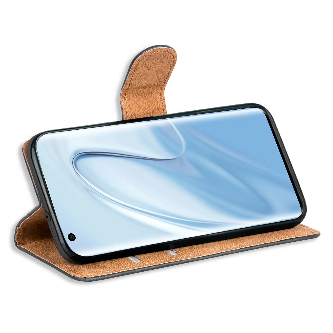 Braune Kunstleder-Klapphülle mit Kartenfächern, zeigt Xiaomi Mi 10 Pro von vorne.