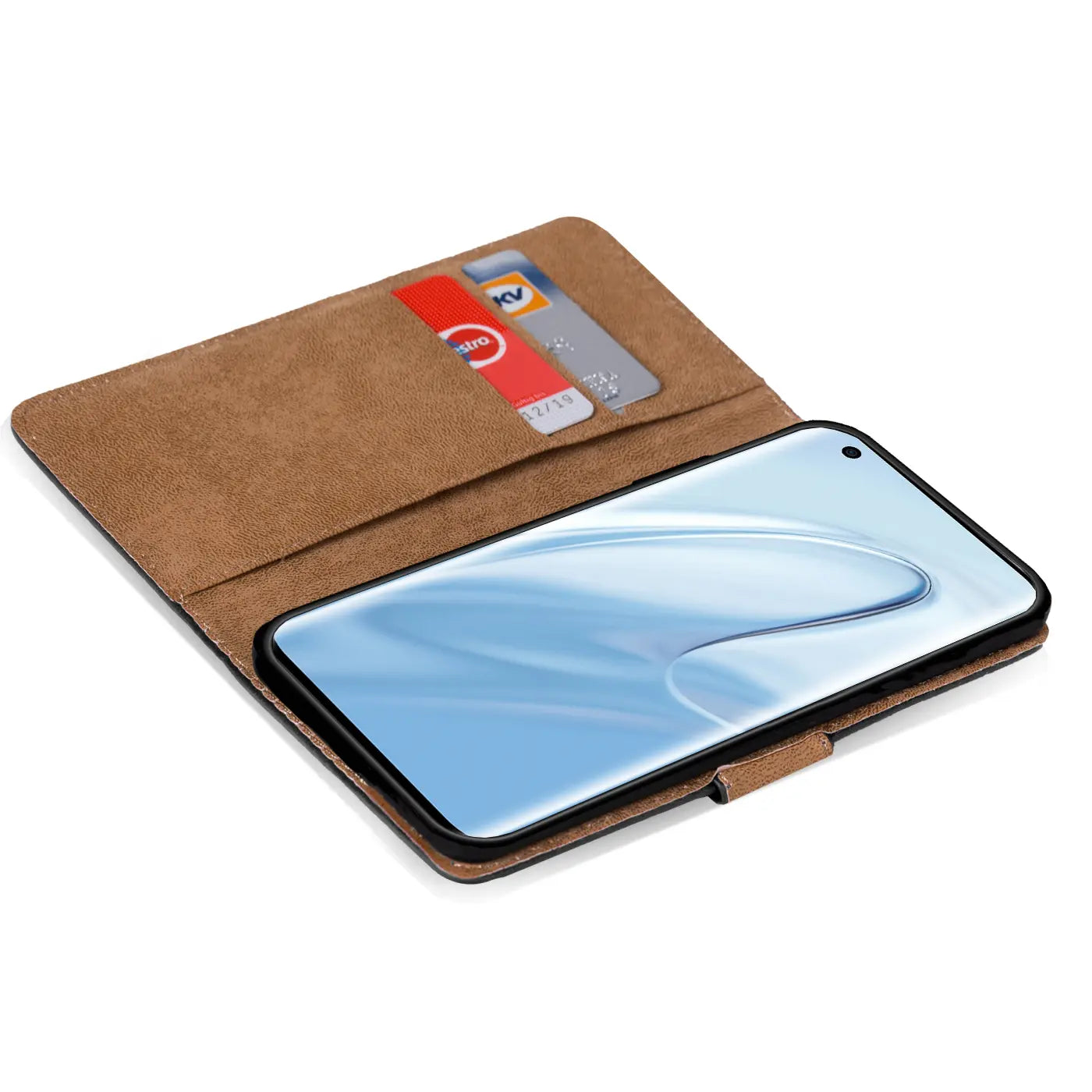 Braune Leder-Klapphülle mit Kartenfächern, zeigt Xiaomi Mi 10/Pro, von oben.