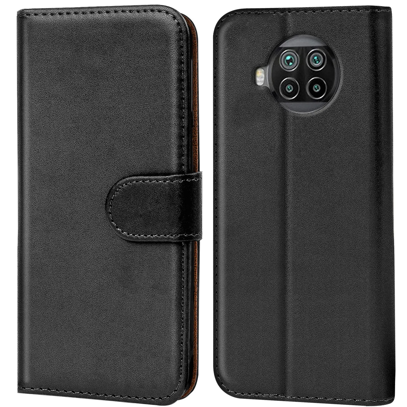 Schwarze Leder-Klapphülle mit Kartenfächern für Xiaomi Mi 10T Lite, Vorder- und Rückansicht.