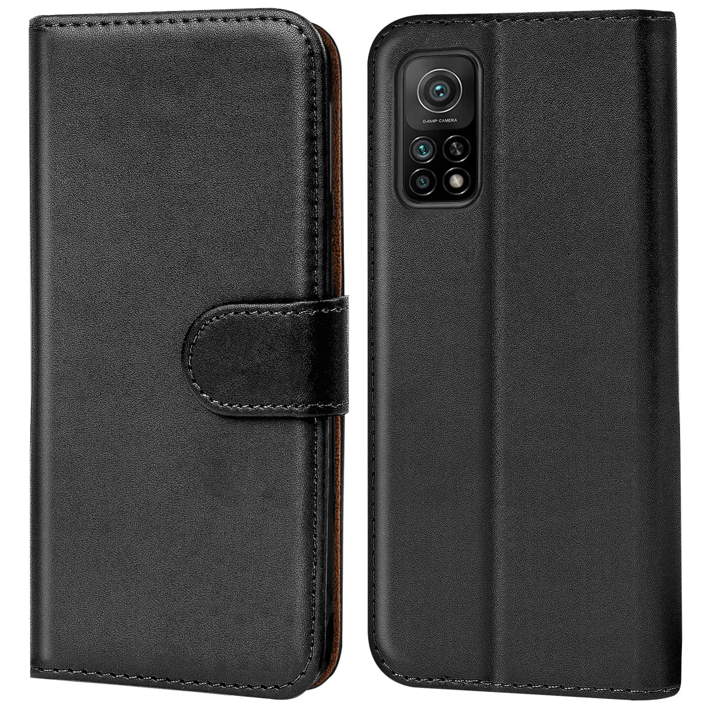 Schwarze Leder-Klapphülle mit Kartenfächern, Vorder- und Rückansicht, für Xiaomi Mi 10T / Mi 10T Pro.
