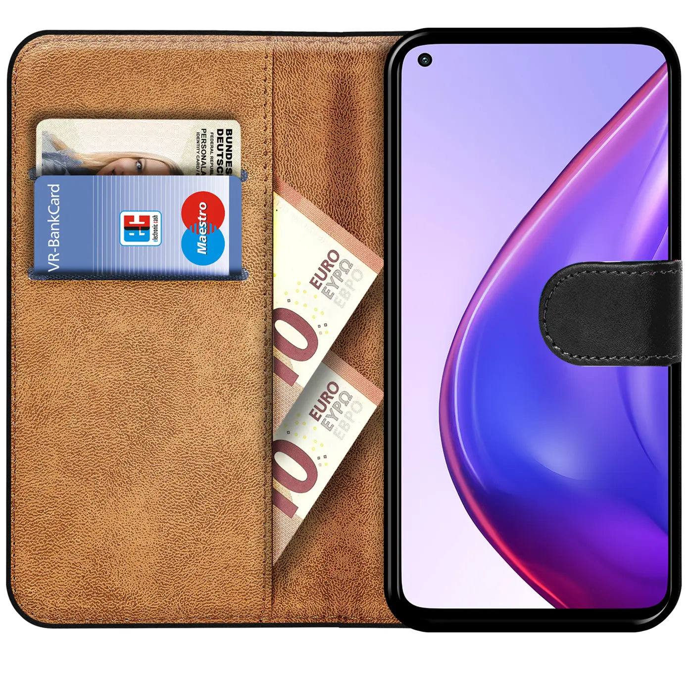 Braune Kunstleder-Klapphülle mit Kartenfächern und 10€-Scheinen, zeigt Xiaomi Mi 10T Pro.