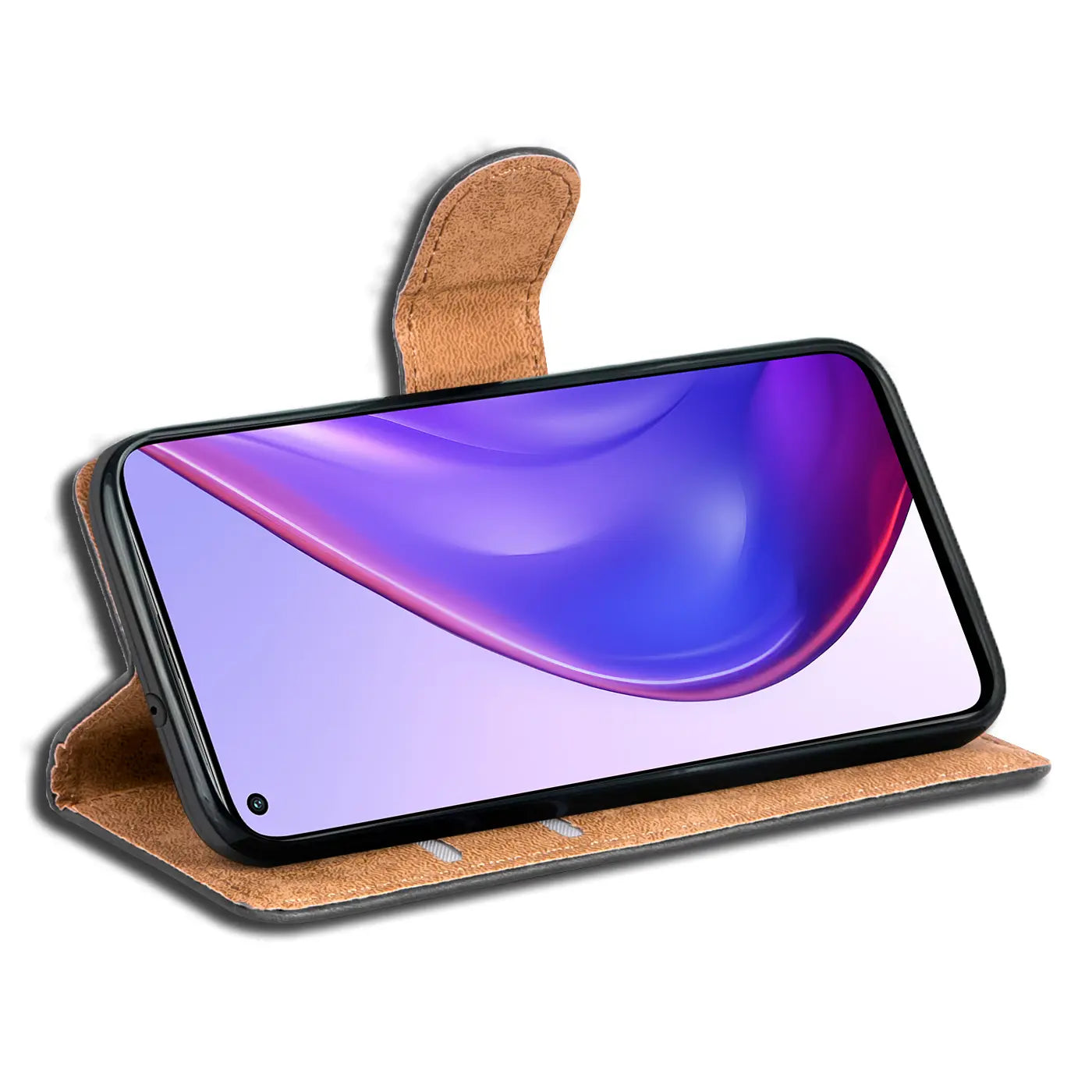 Braune Kunstleder-Klapphülle mit Kartenfächern, seitliche Ansicht, zeigt Xiaomi Mi 10T Pro.