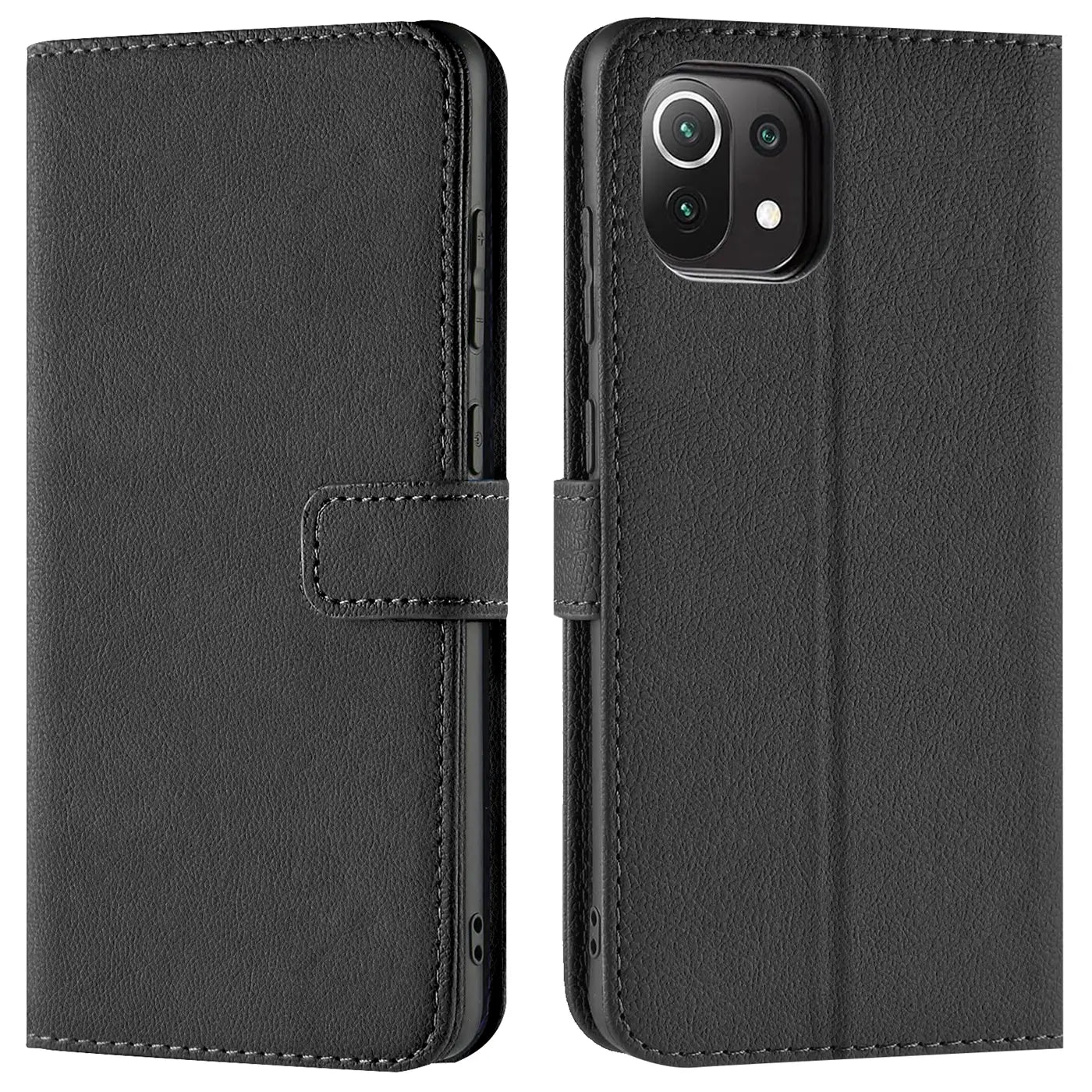 Schwarze Kunstleder-Klapphülle mit Kartenfächern, zeigt Xiaomi Mi 11 Lite 4G/5G.
