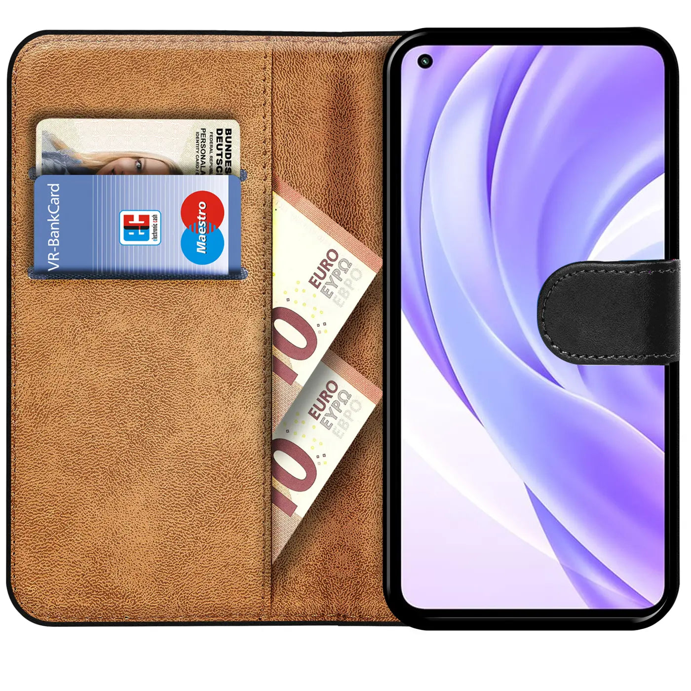 Braune Kunstleder-Klapphülle mit Kartenfächern und Euro-Scheinen, zeigt Xiaomi Mi 11 Lite.