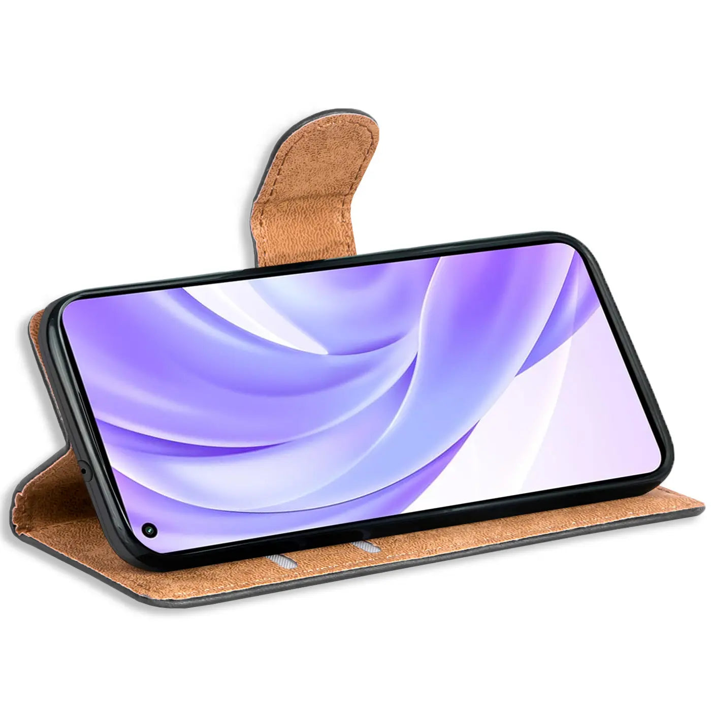 Braun lederne Klapphülle mit Kartenfächern, zeigt ein Xiaomi Mi 11 Lite 5G.