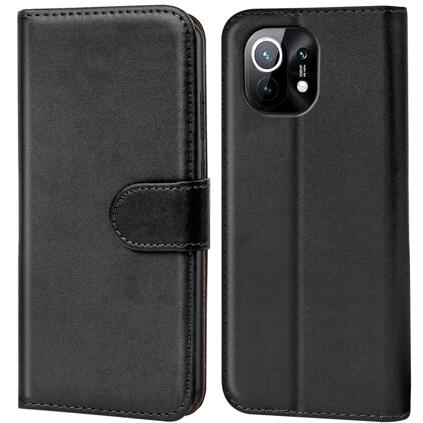 Schwarze Leder-Klapphülle mit Kartenfächern, Vorder- und Rückansicht, für Xiaomi Mi 11.