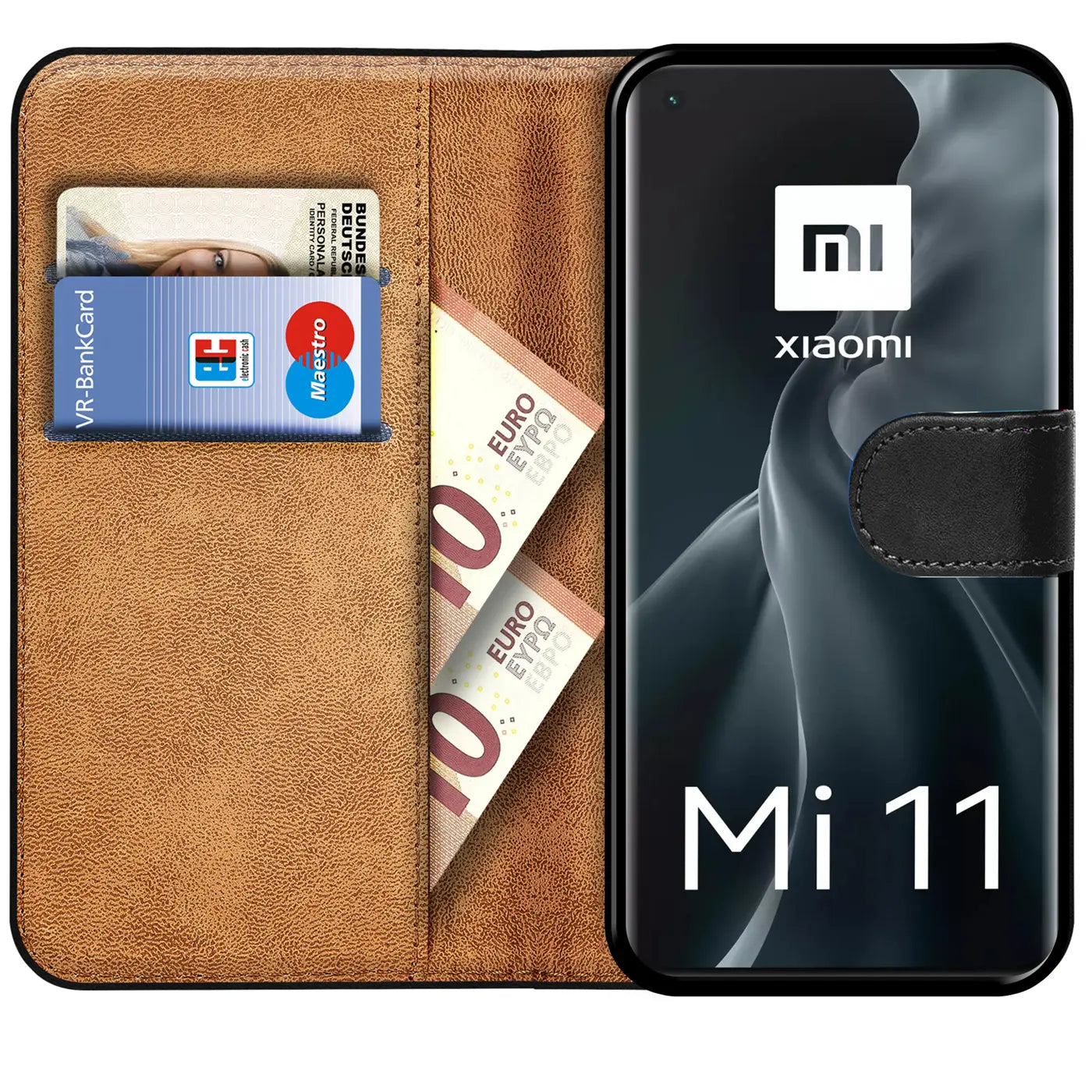 Braune Kunstleder-Klapphülle mit Kartenfächern und Geldscheinfach, zeigt Xiaomi Mi 11.