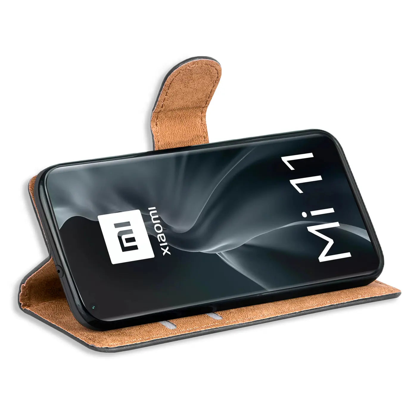 Braune Leder-Klapphülle mit Kartenfächern, zeigt Xiaomi Mi 11 von vorne.
