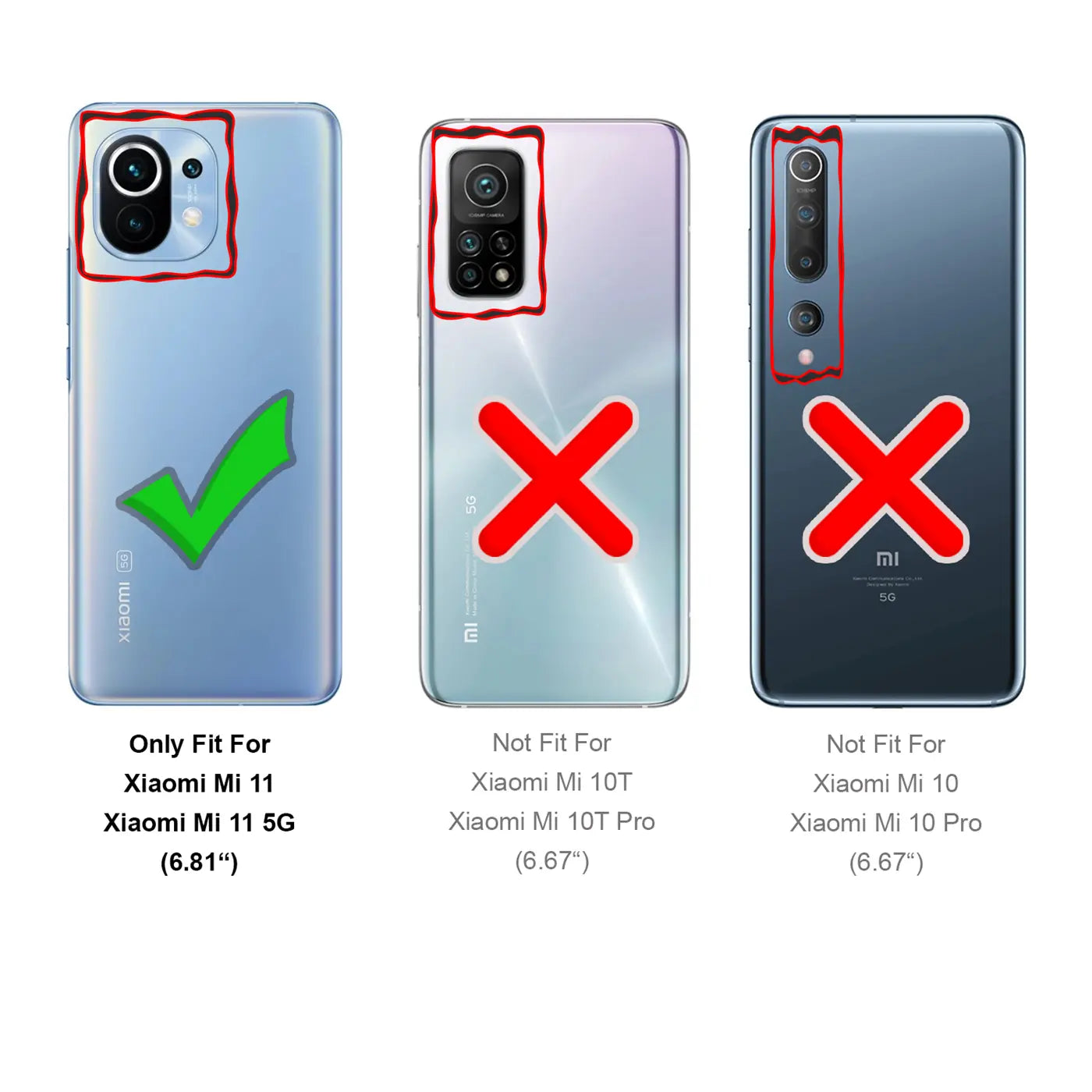 Drei Rückseiten von Smartphones: Xiaomi Mi 11 (grüner Haken), Mi 10T (rotes X), Mi 10 (rotes X).
