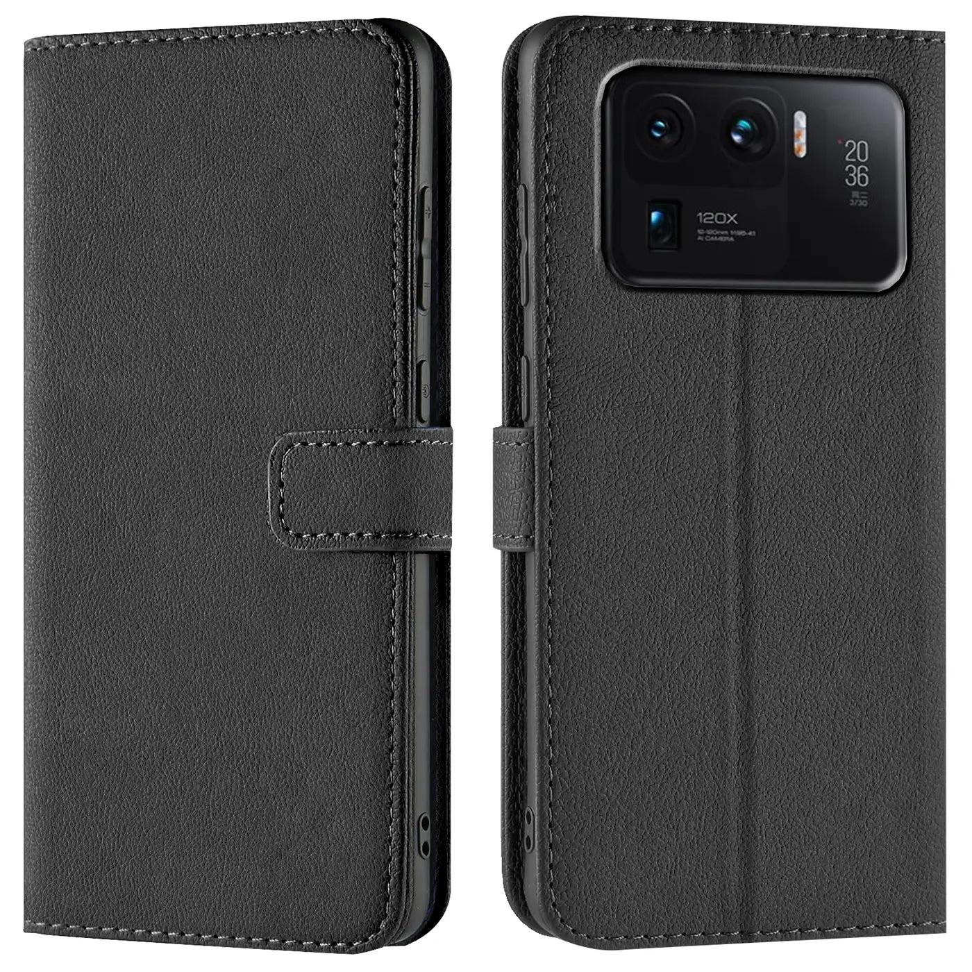 Schwarze Leder-Klapphülle mit Kartenfächern für Xiaomi Mi 11 Ultra, Vorder- und Rückansicht.