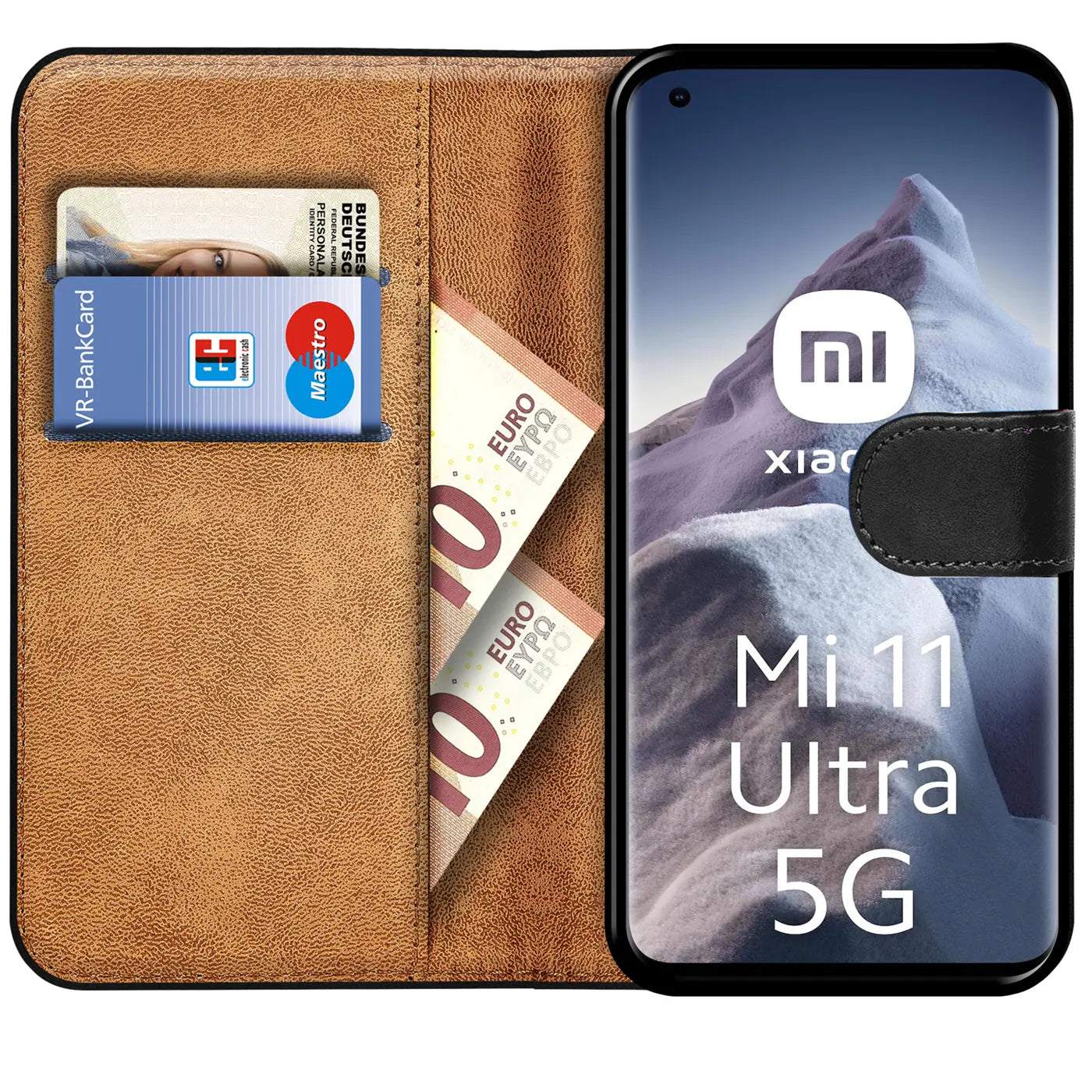 Braune Kunstleder-Klapphülle mit Kartenfächern und Xiaomi Mi 11 Ultra.