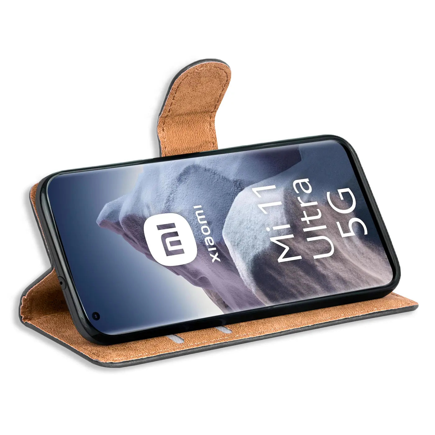 Braune Kunstleder-Klapphülle mit Kartenfächern, seitliche Ansicht, zeigt Xiaomi Mi 11 Ultra 5G.