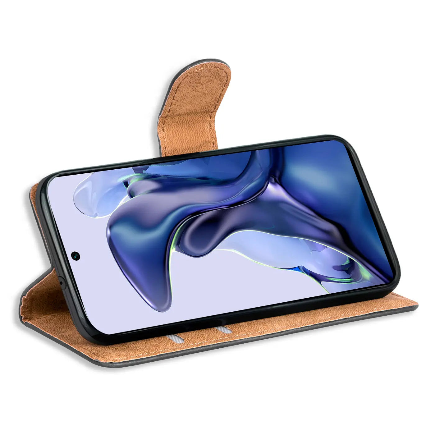 Braune Kunstleder-Klapphülle mit Kartenfächern, zeigt Xiaomi Mi 11T Pro von vorn.