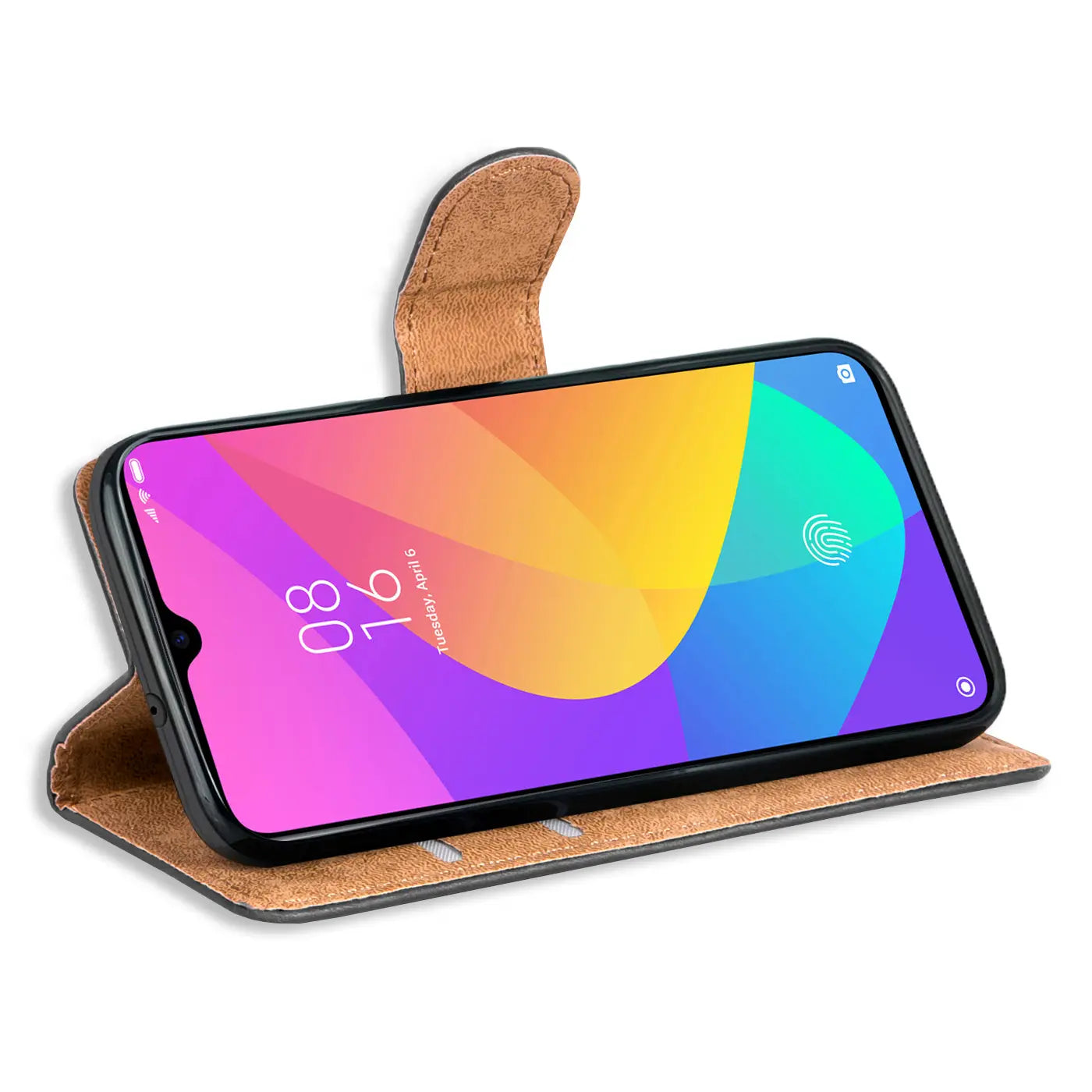 Braune Kunstleder-Klapphülle mit Kartenfächern, zeigt Xiaomi Mi 9 Lite, von vorne