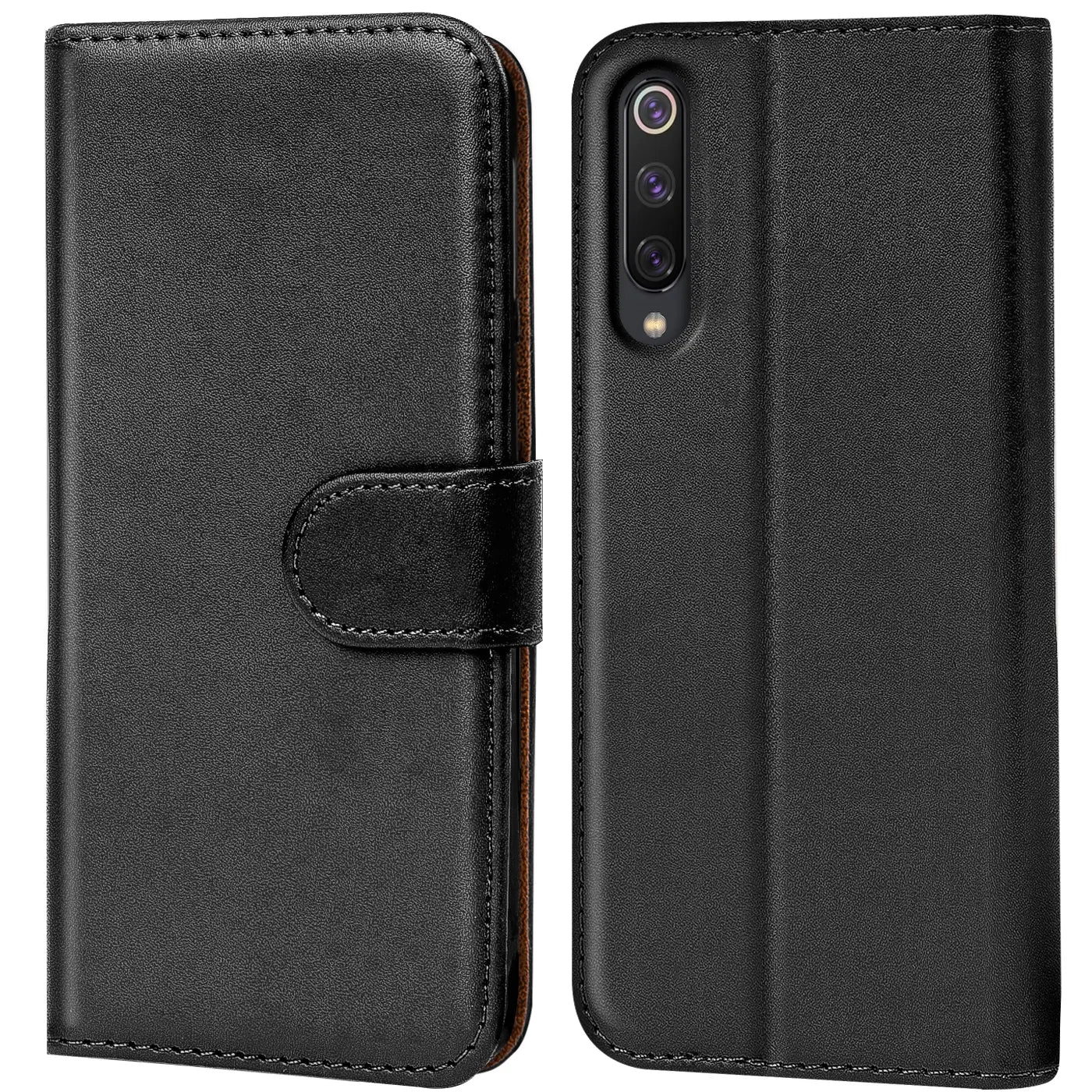 Schwarze Lederklapphülle mit Kartenfächern für Xiaomi Mi 9, Vorder- und Rückansicht