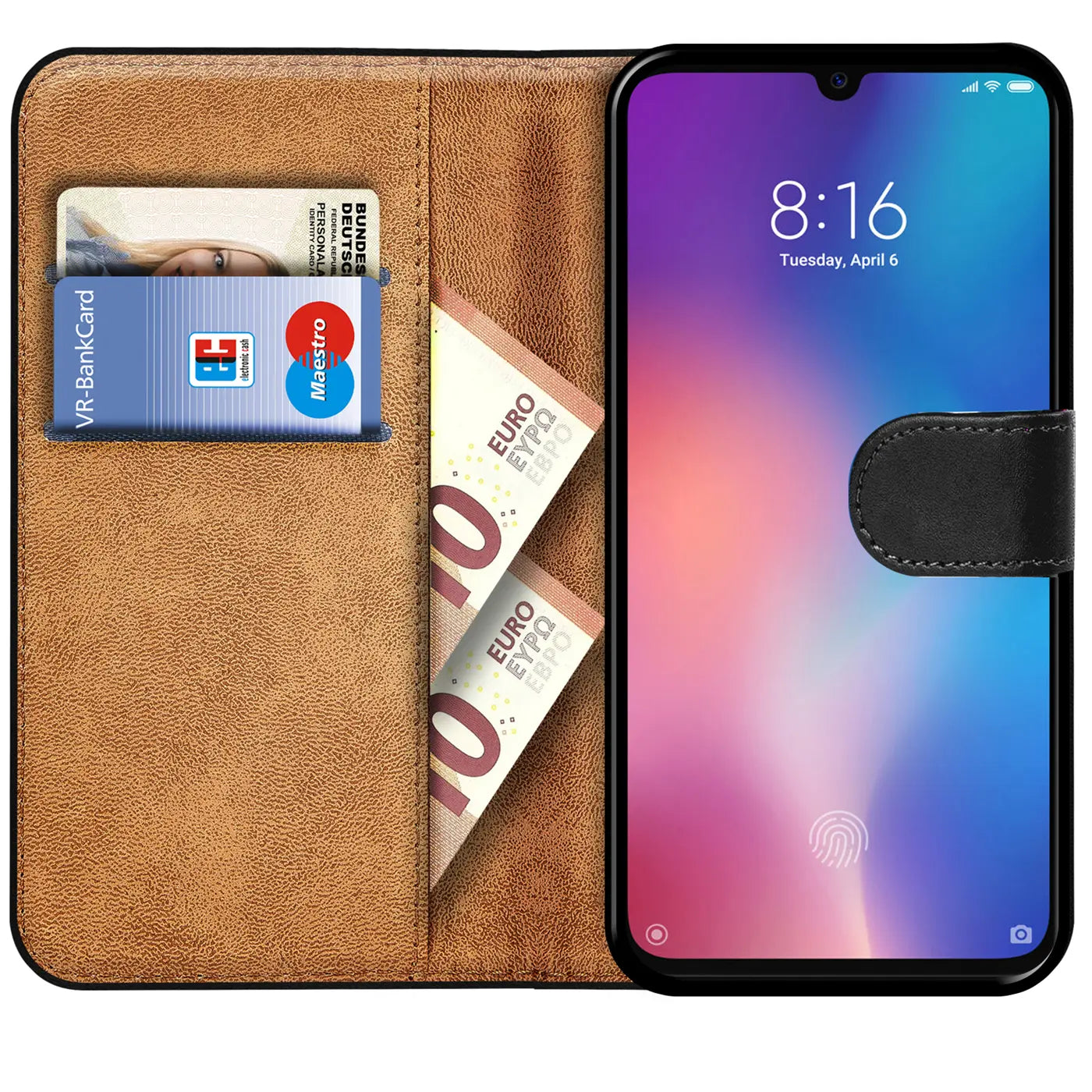 Braune Kunstleder-Klapphülle mit Kartenfächern und Xiaomi Mi 9, von vorne