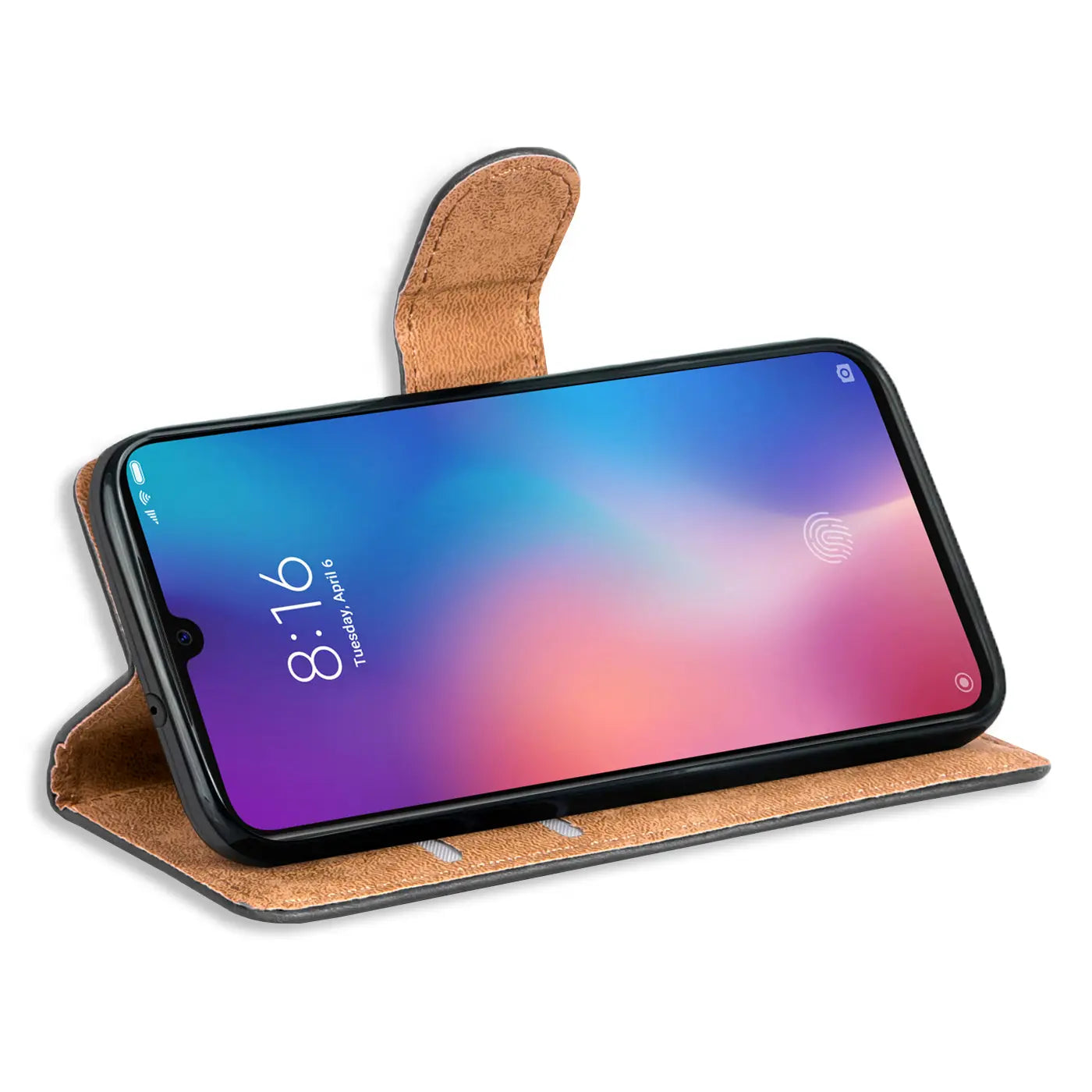 Braune Leder-Klapphülle mit Kartenfächern für Xiaomi Mi 9, Seitenansicht.