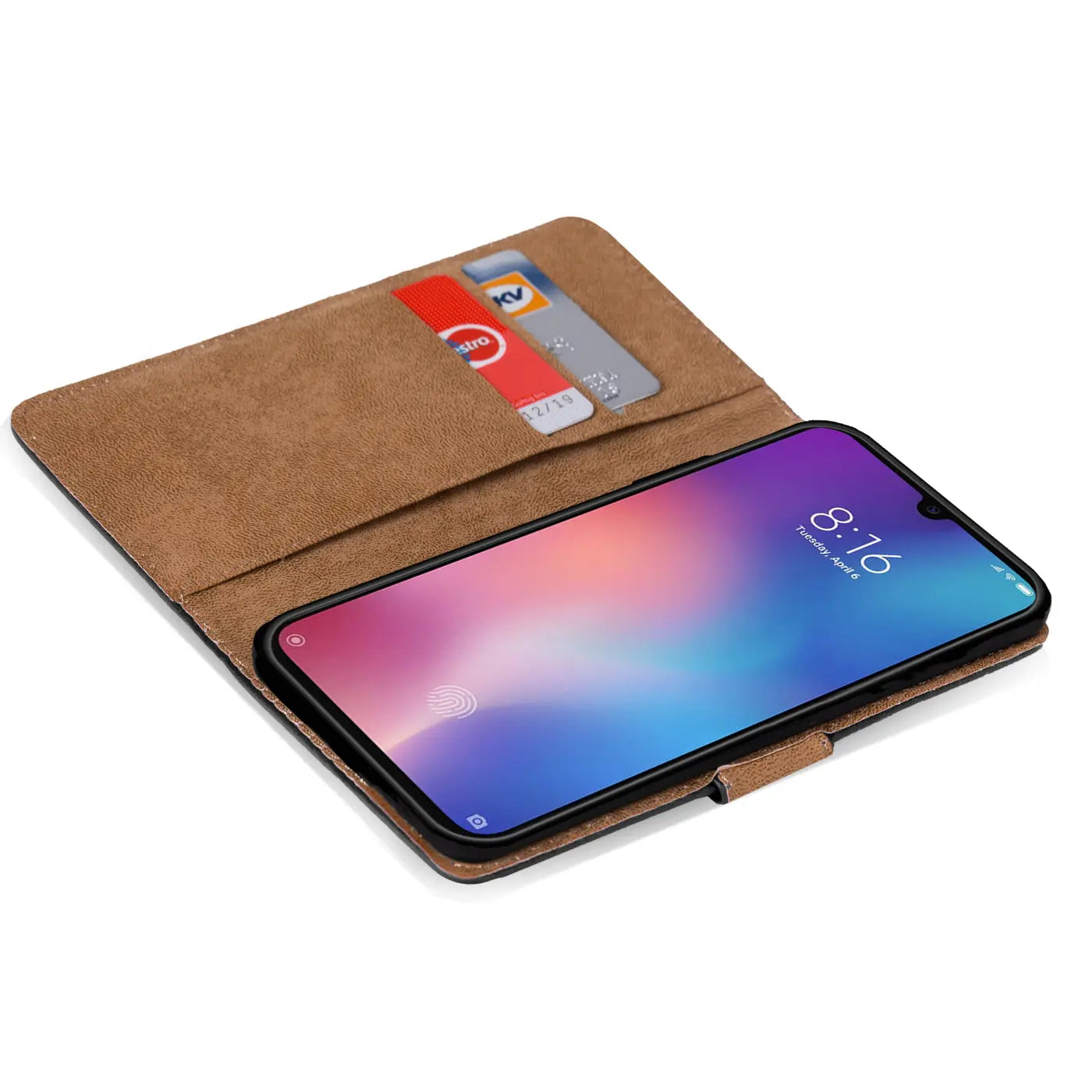 Braune Kunstleder-Klapphülle mit Kartenfächern für Xiaomi Mi 9, von oben links