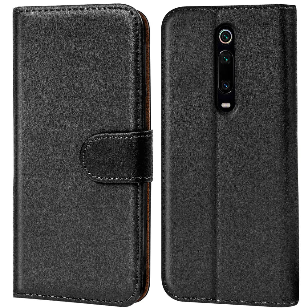 Schwarze Leder-Klapphülle mit Kartenfächern für Xiaomi Mi 9T, Vorder- und Rückansicht.