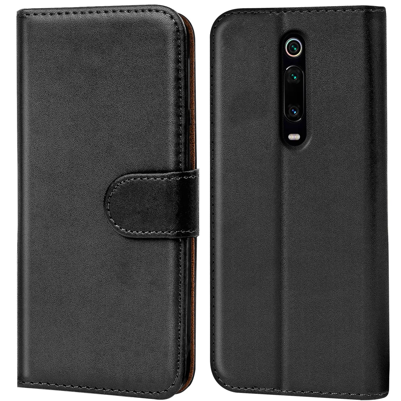 Schwarze Leder-Klapphülle mit Kartenfächern für Xiaomi Mi 9T, Vorder- und Rückansicht.