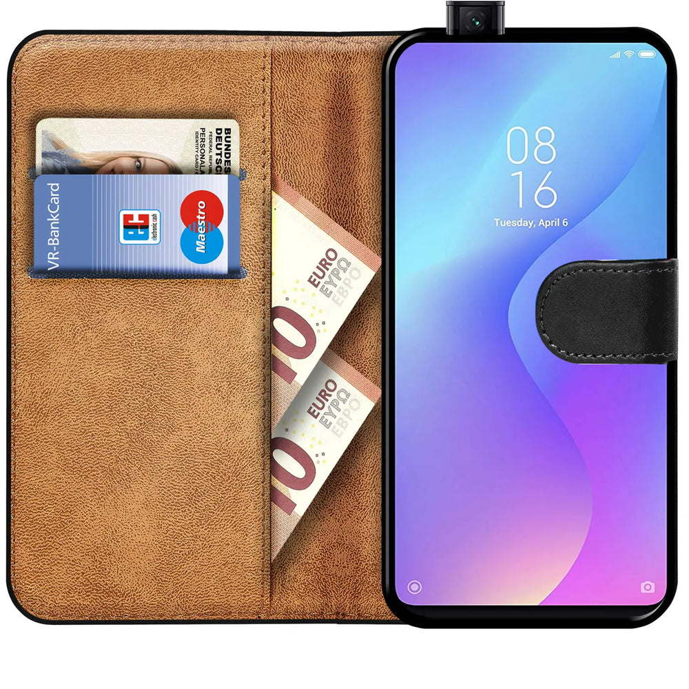 Braune Leder-Klapphülle mit Kartenfächern, zeigt Xiaomi Mi 9T, von vorne