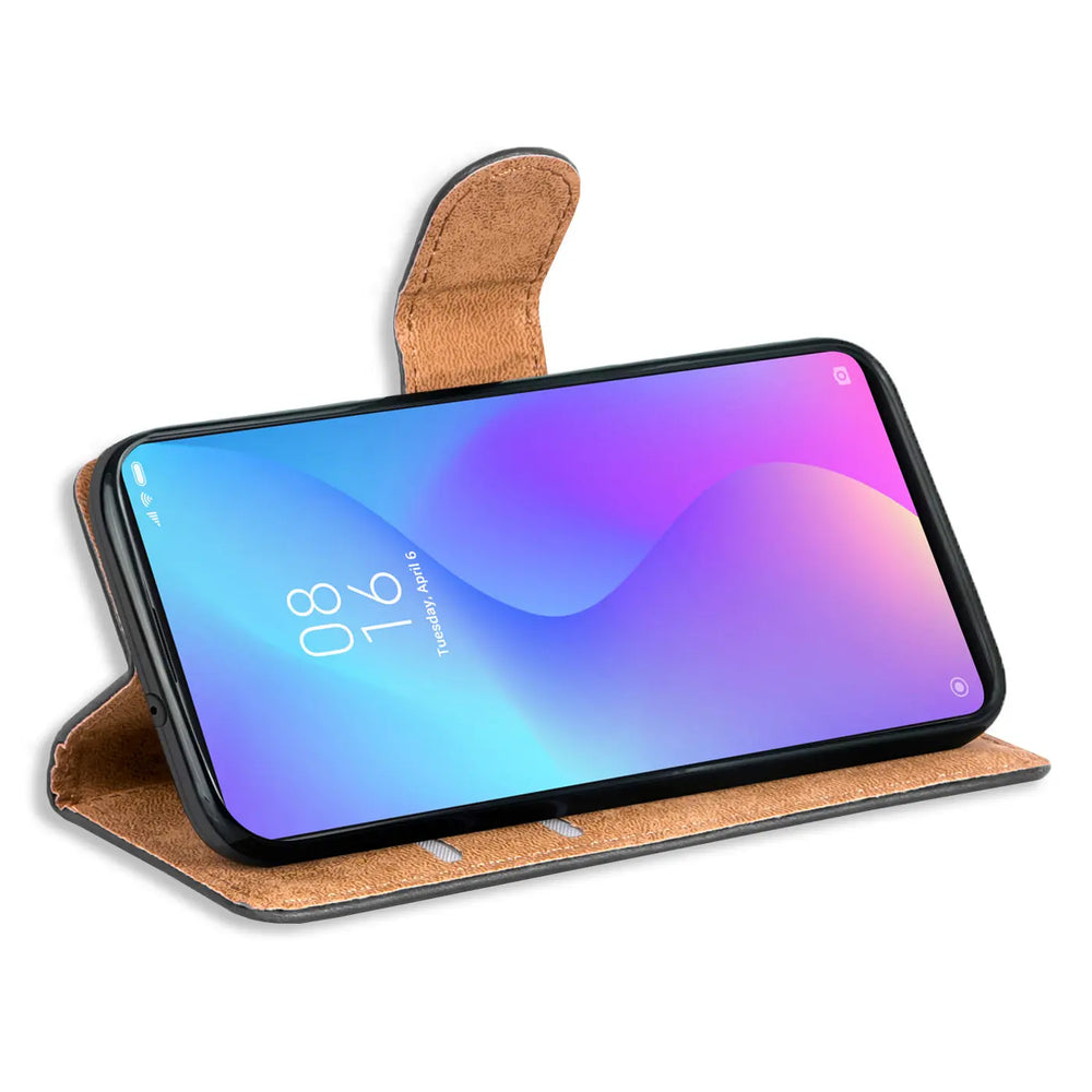 Braune Kunstleder-Klapphülle mit Kartenfächern für Xiaomi Mi 9T, Seitenansicht.