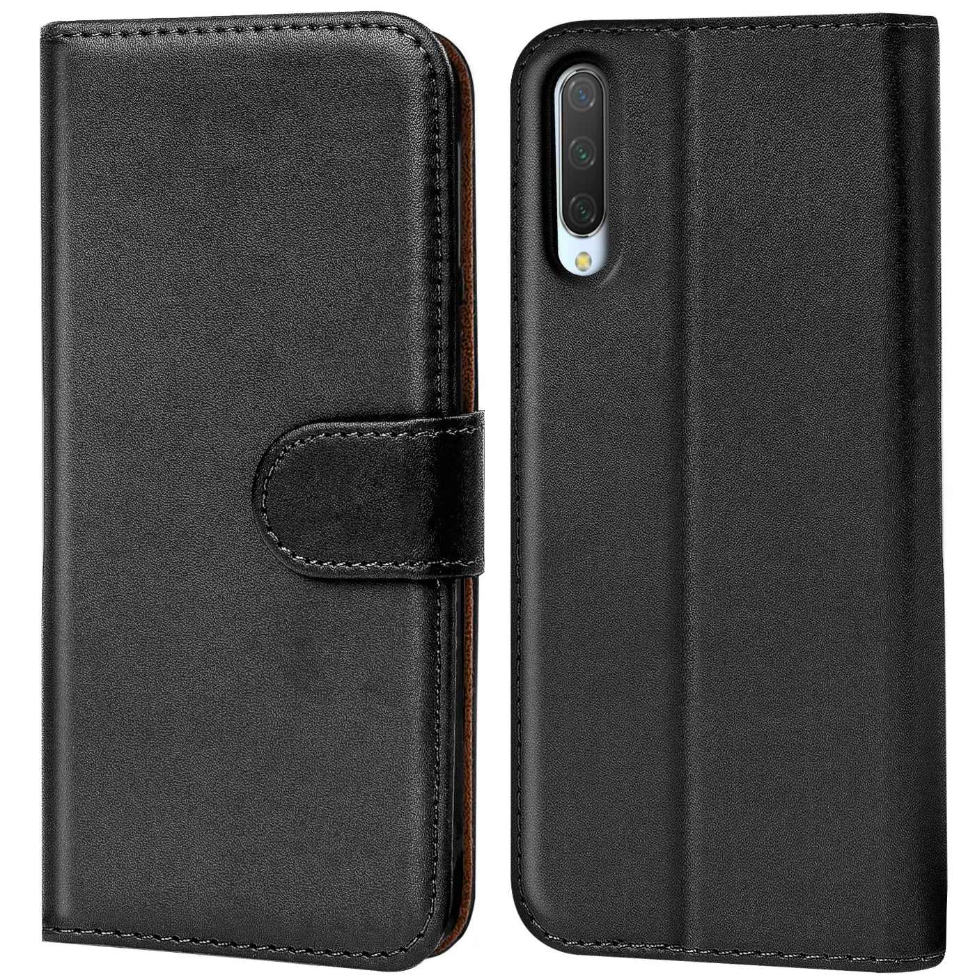 Schwarze Leder-Klapphülle für Xiaomi Mi A3, Vorder- und Rückansicht.