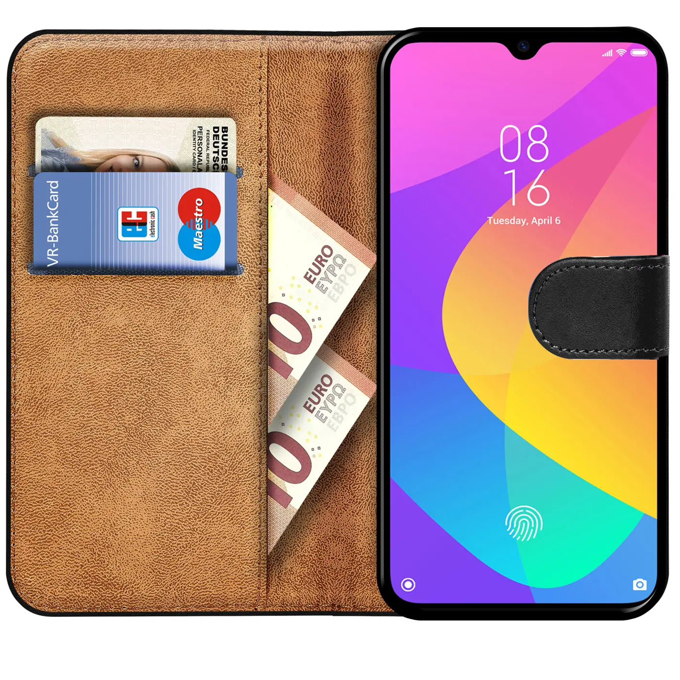 Braune Kunstleder-Klapphülle mit Kartenfächern und Geldscheinfach, zeigt Xiaomi Mi A3.